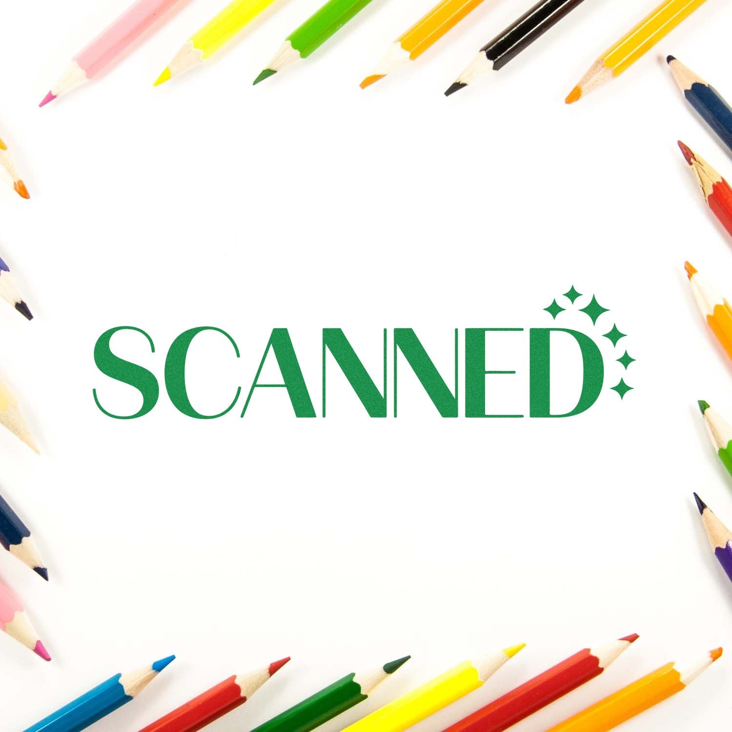 Green SCANNED stamp seal with sparkling stars, framed by colorful pencils on white background