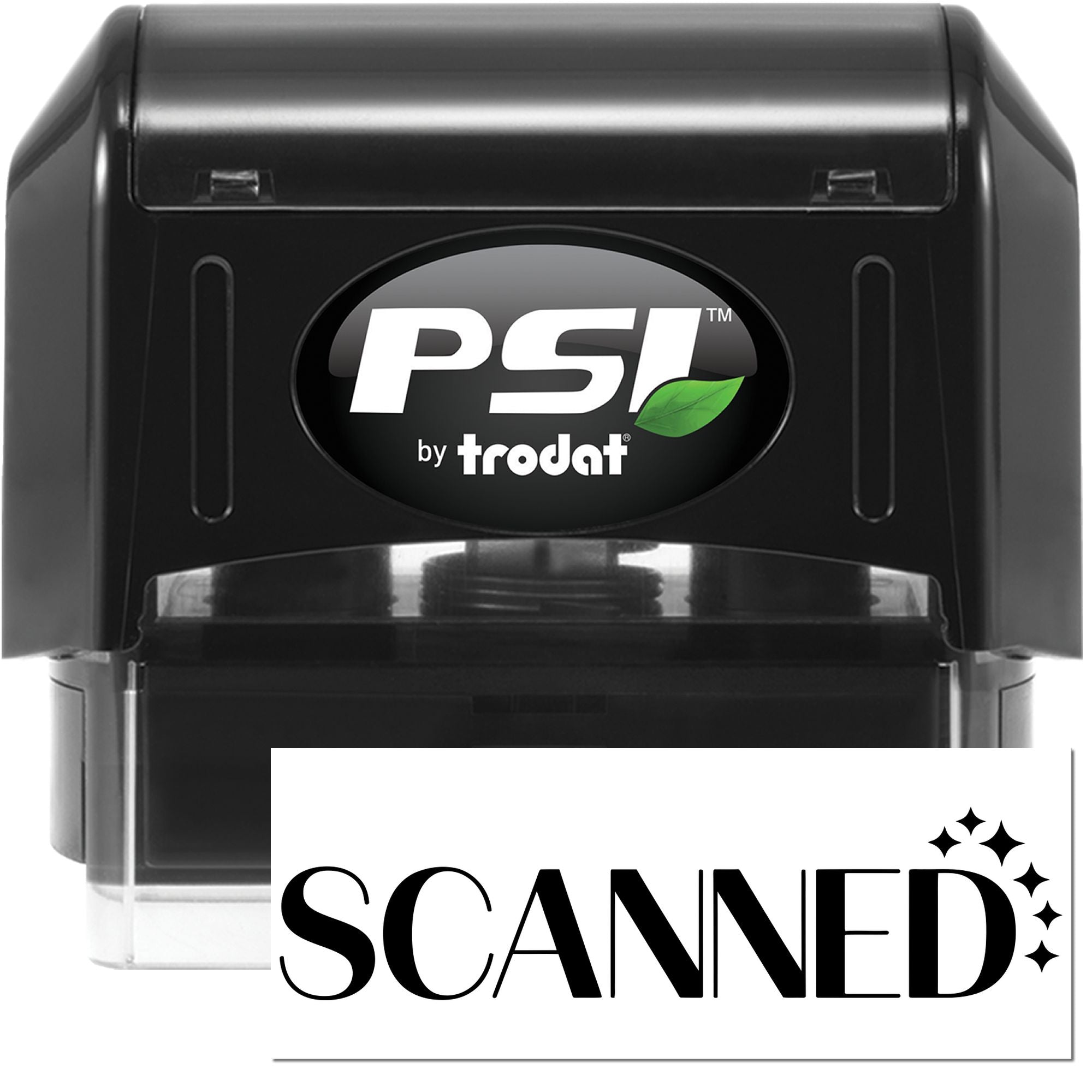 Black PSI by trodat self-inking stamp and seal with green leaf logo, marked Scanned on white.