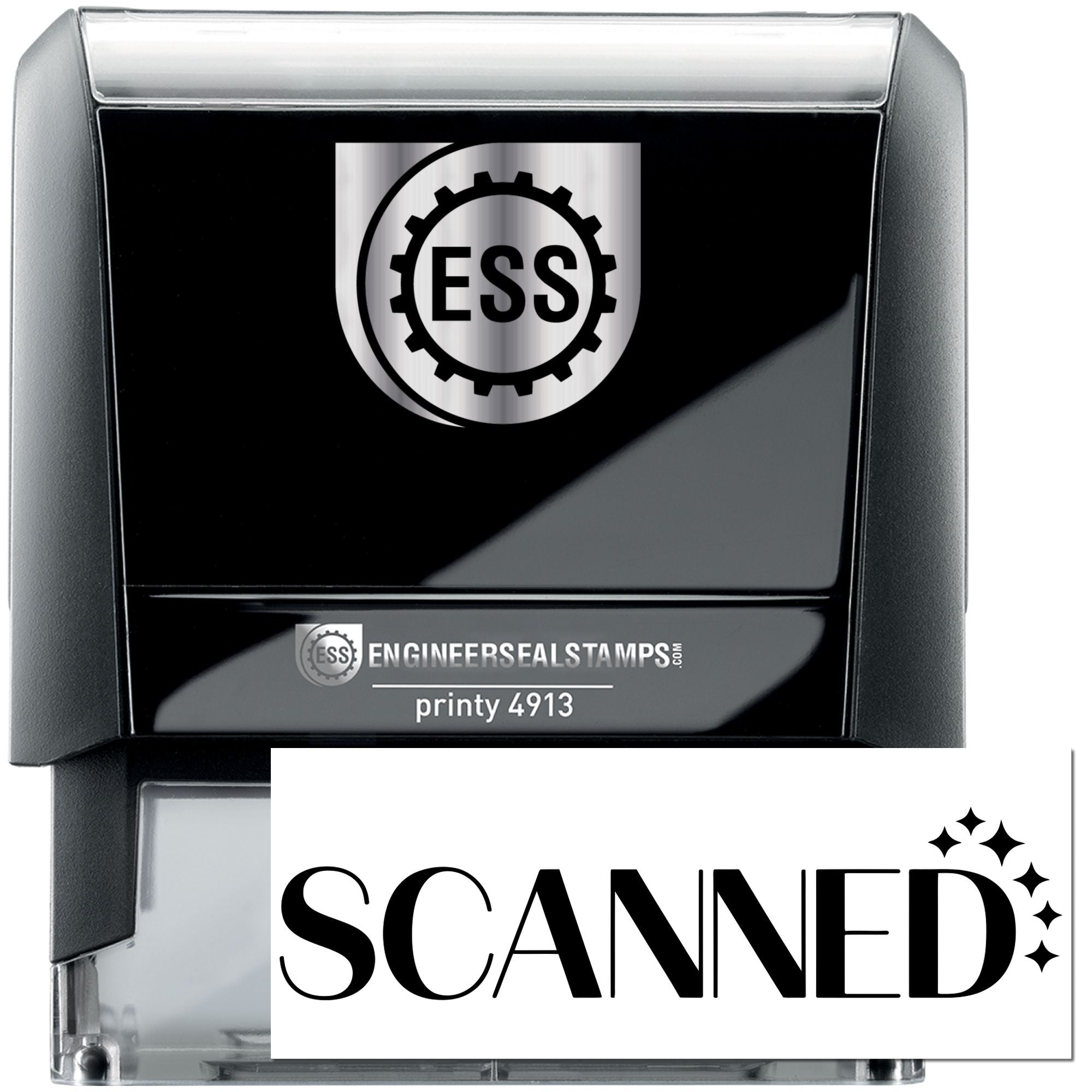 Black self-inking ESS engineer seal stamp, black and silver, with bold SCANNED imprint and printy 4913 label.
