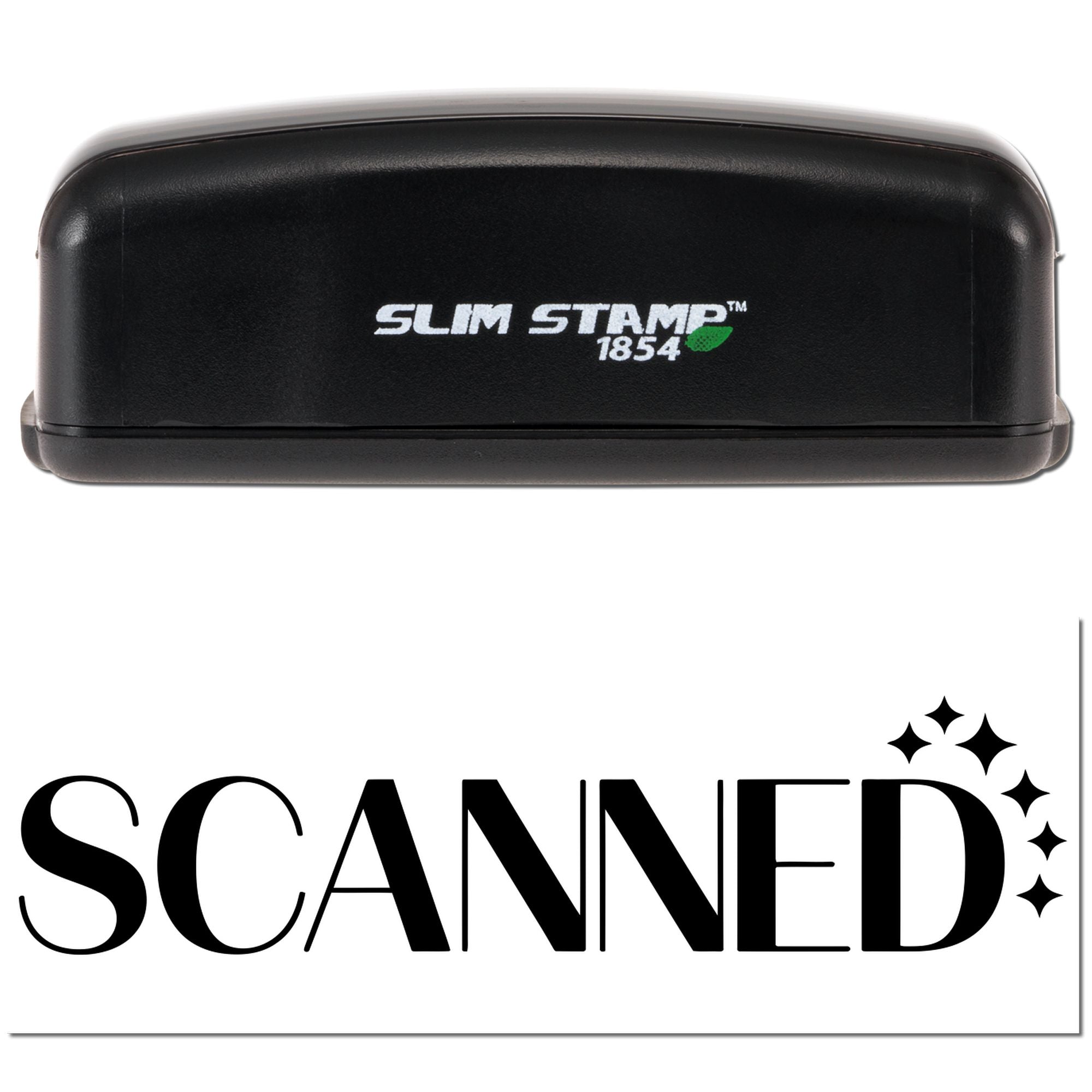 Black Slim Stamp 1854 stamp and seal device with white logo, green accent, and bold SCANNED mark on white background.