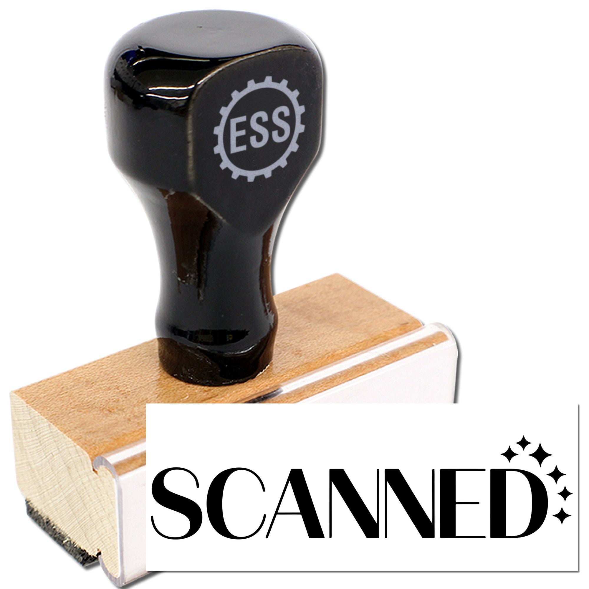Black stamp and seal tool with ESS gear logo on a wooden handle, marked SCANNED