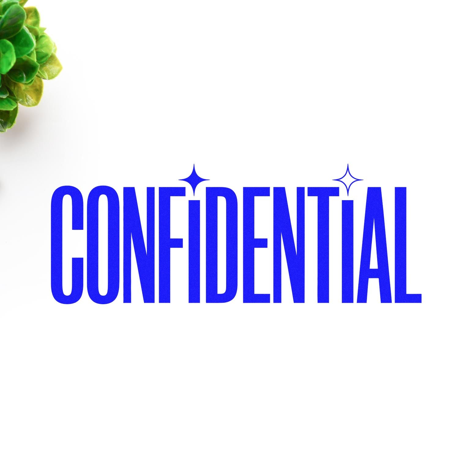 Blue CONFIDENTIAL stamp and seal text with sparkle icons on a white background, accented by green foliage.