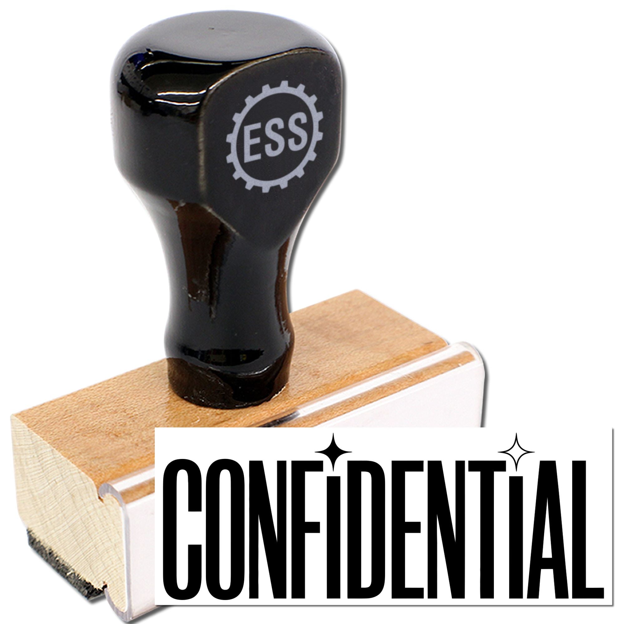 Black rubber stamp and wooden handle with ESS logo, printing CONFIDENTIAL in bold black.