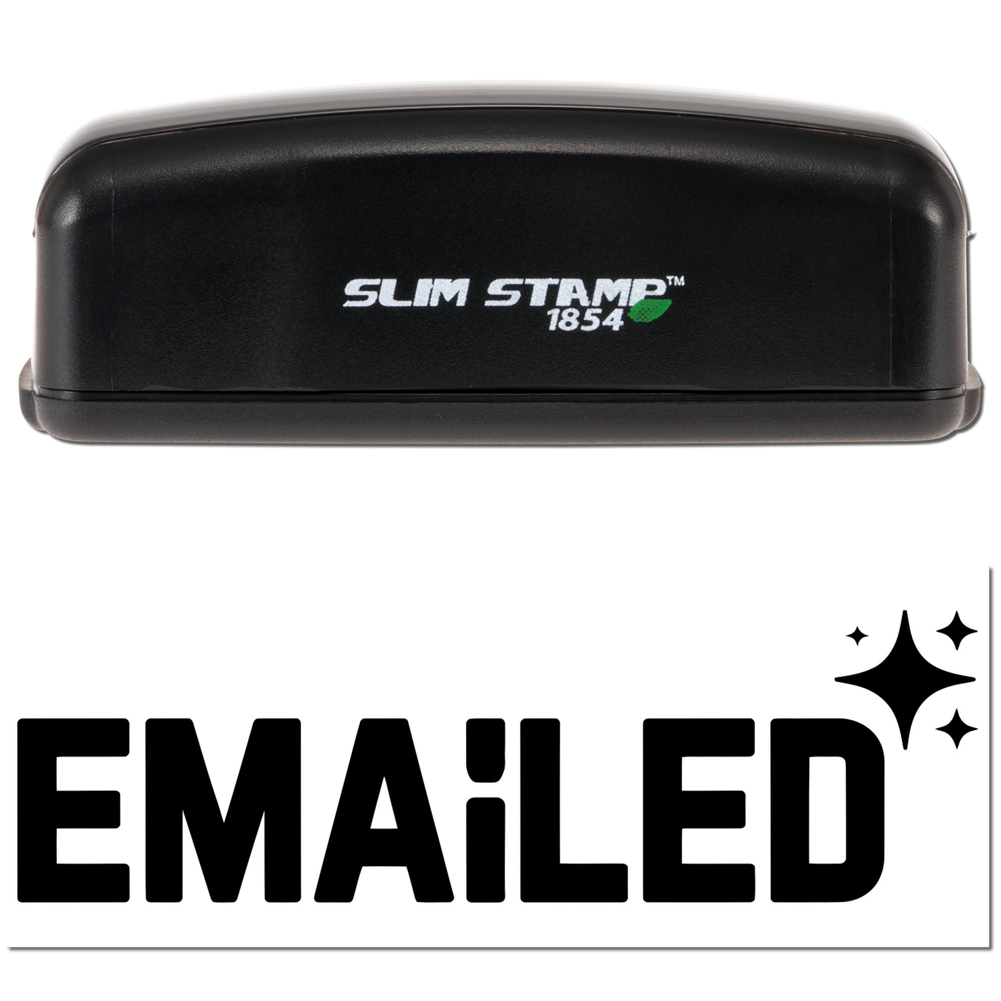 Black Slim Stamp 1854 self-inking stamp with white logo and green leaf, above a white EMAILED seal card in bold black text.