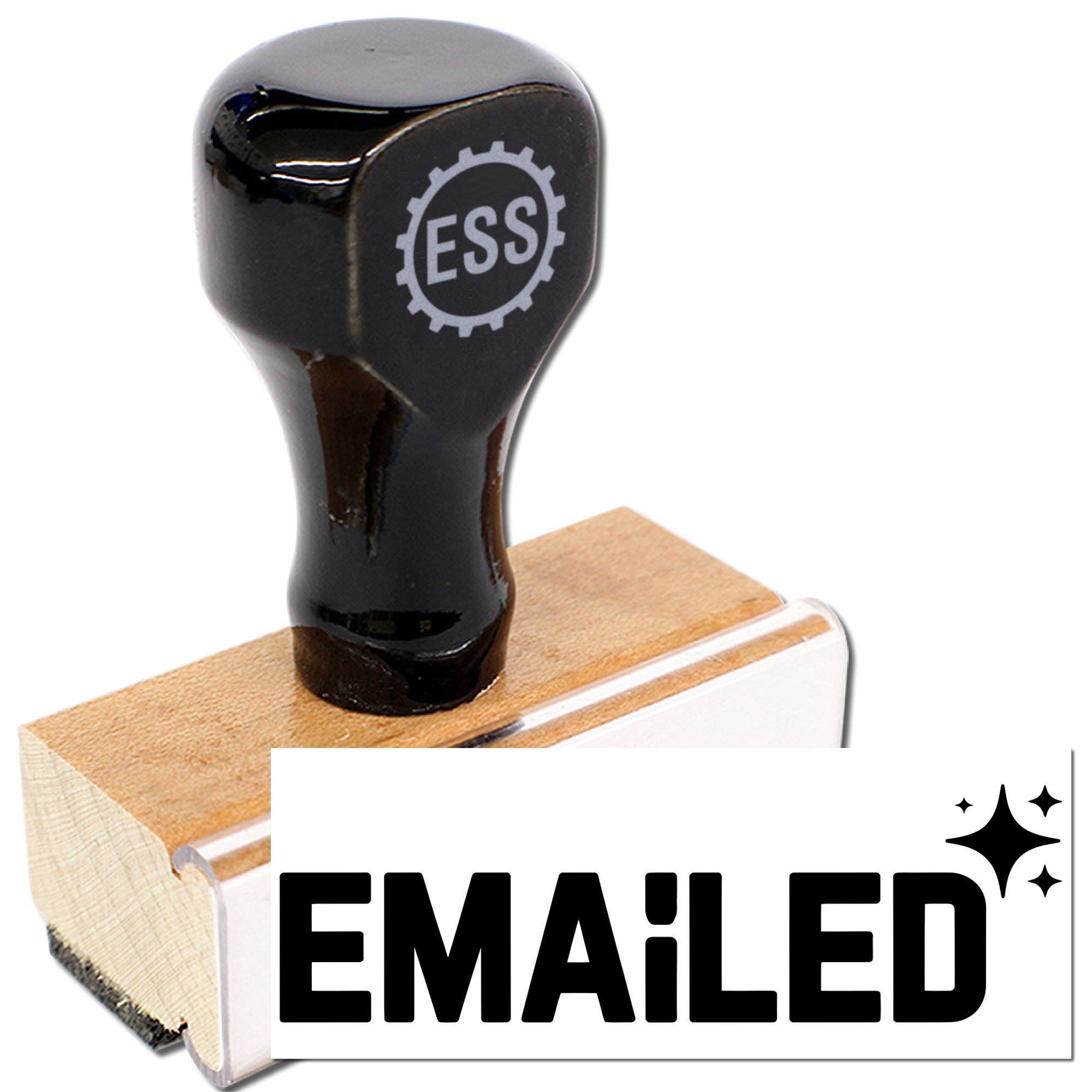 Black rubber stamp with EMAILED text and sparkle icon on a wooden handle, shown on a white background.