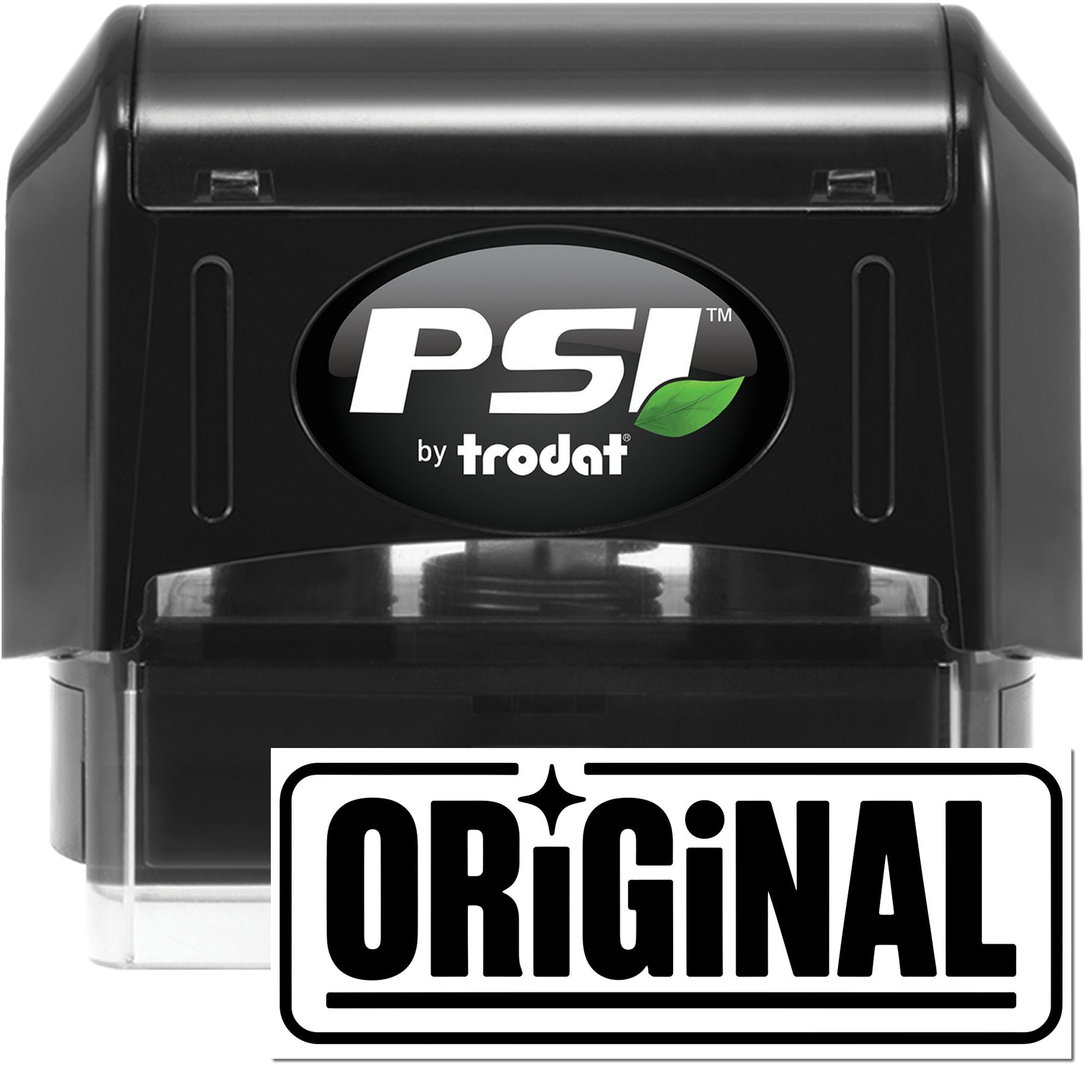 Black PSI by Trodat self-inking stamp and seal, black casing with green leaf logo and ORIGINAL mark.