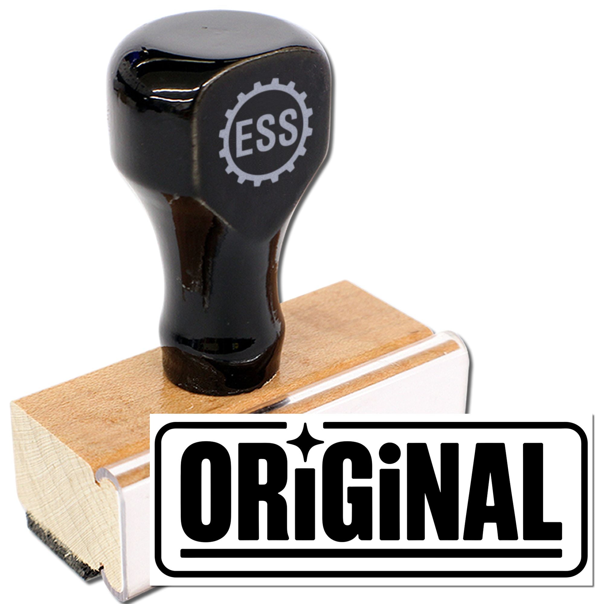 Black stamp and seal tool with wooden base and bold ORIGINAL imprint on white background.