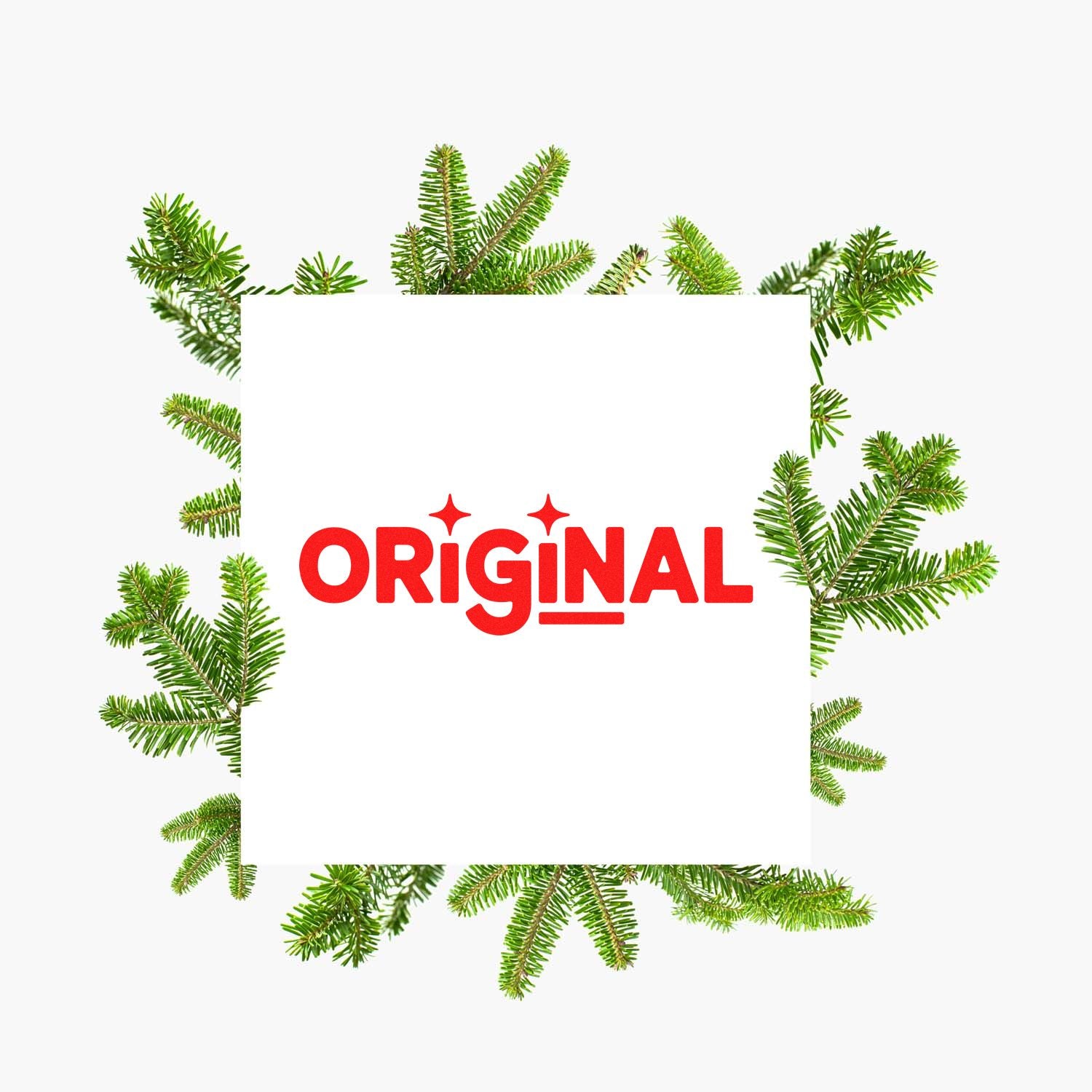 White original stamp seal on a square card, framed by green pine branches on a clean white background