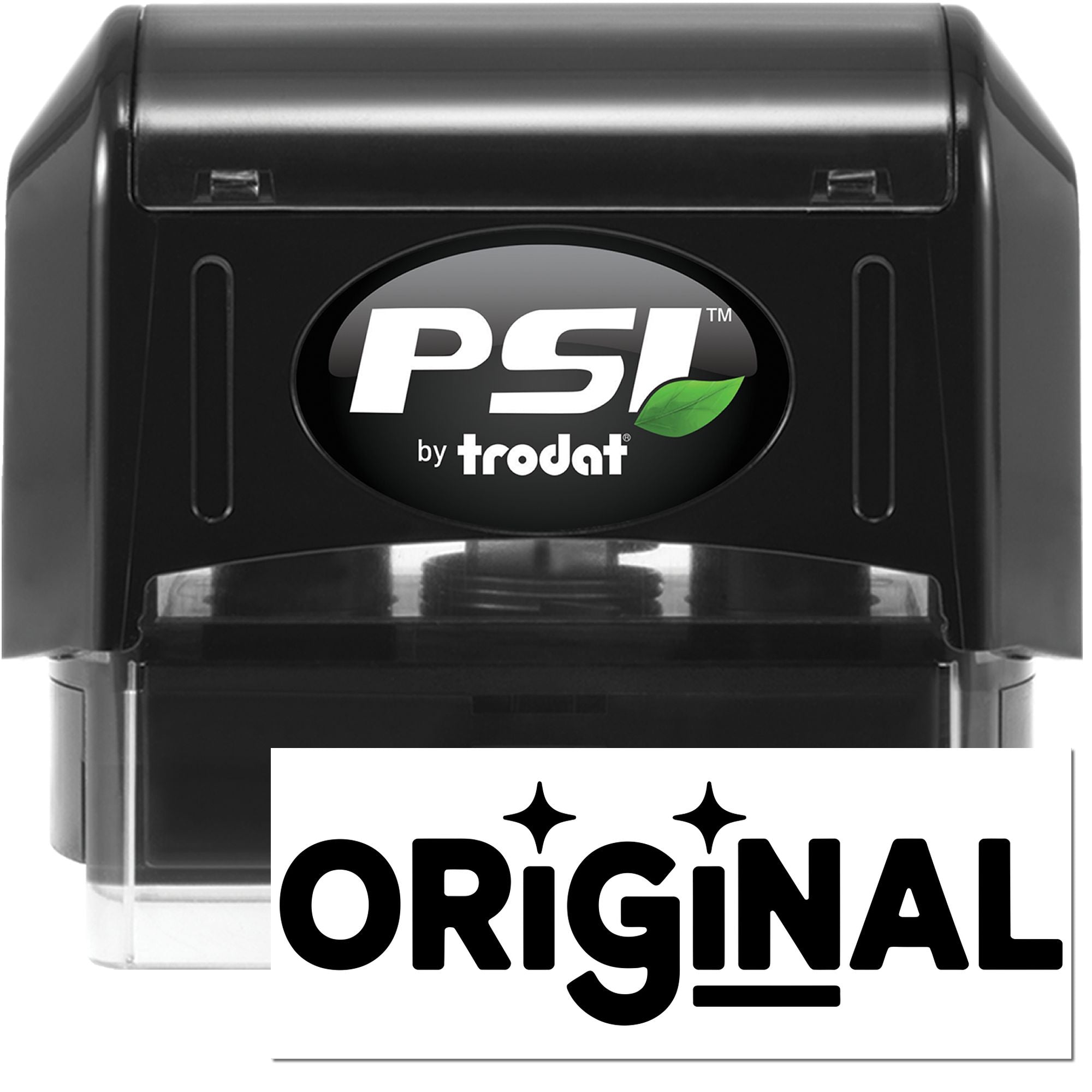 Black PSI by Trodat stamp and seal with green leaf logo, clear base, and Original label