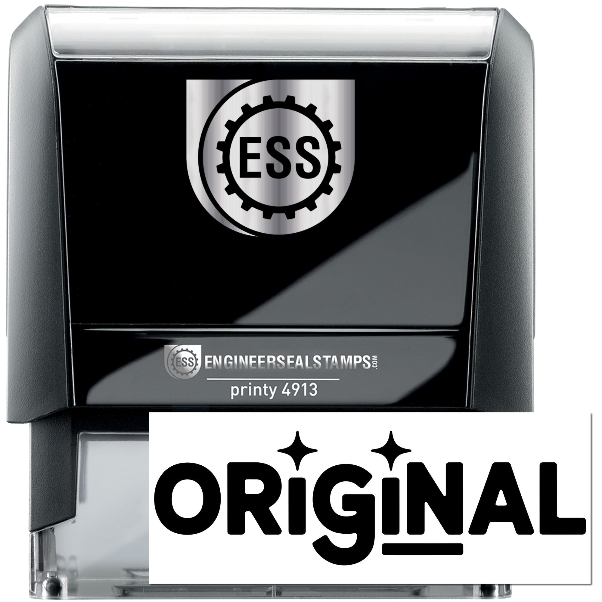 Black self-inking engineer seal stamp with silver casing, ESS logo, and bold ORIGINAL imprint.