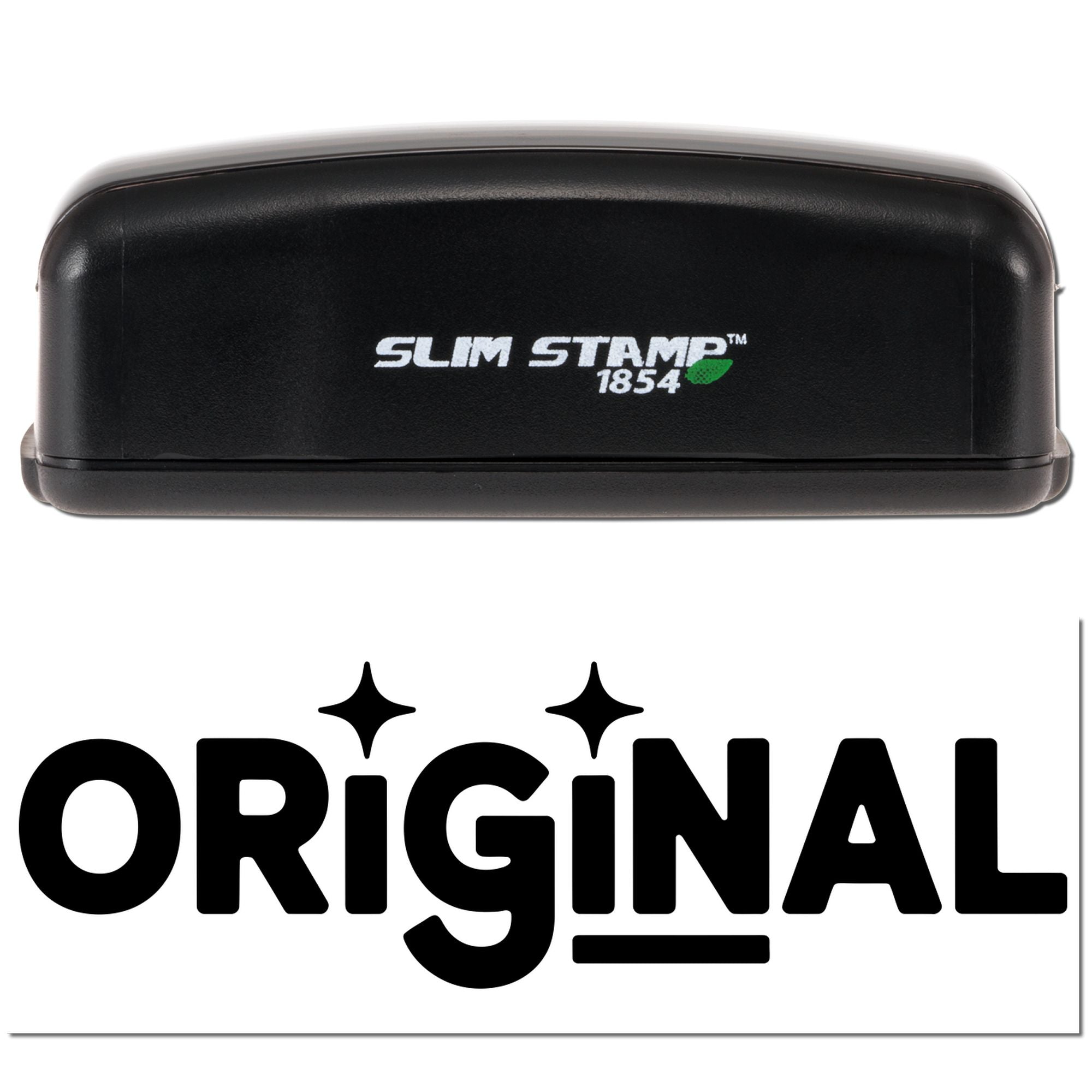 Black Slim Stamp 1854 seal with white logo and green leaf icon above bold black ORIGINAL text on a white background.