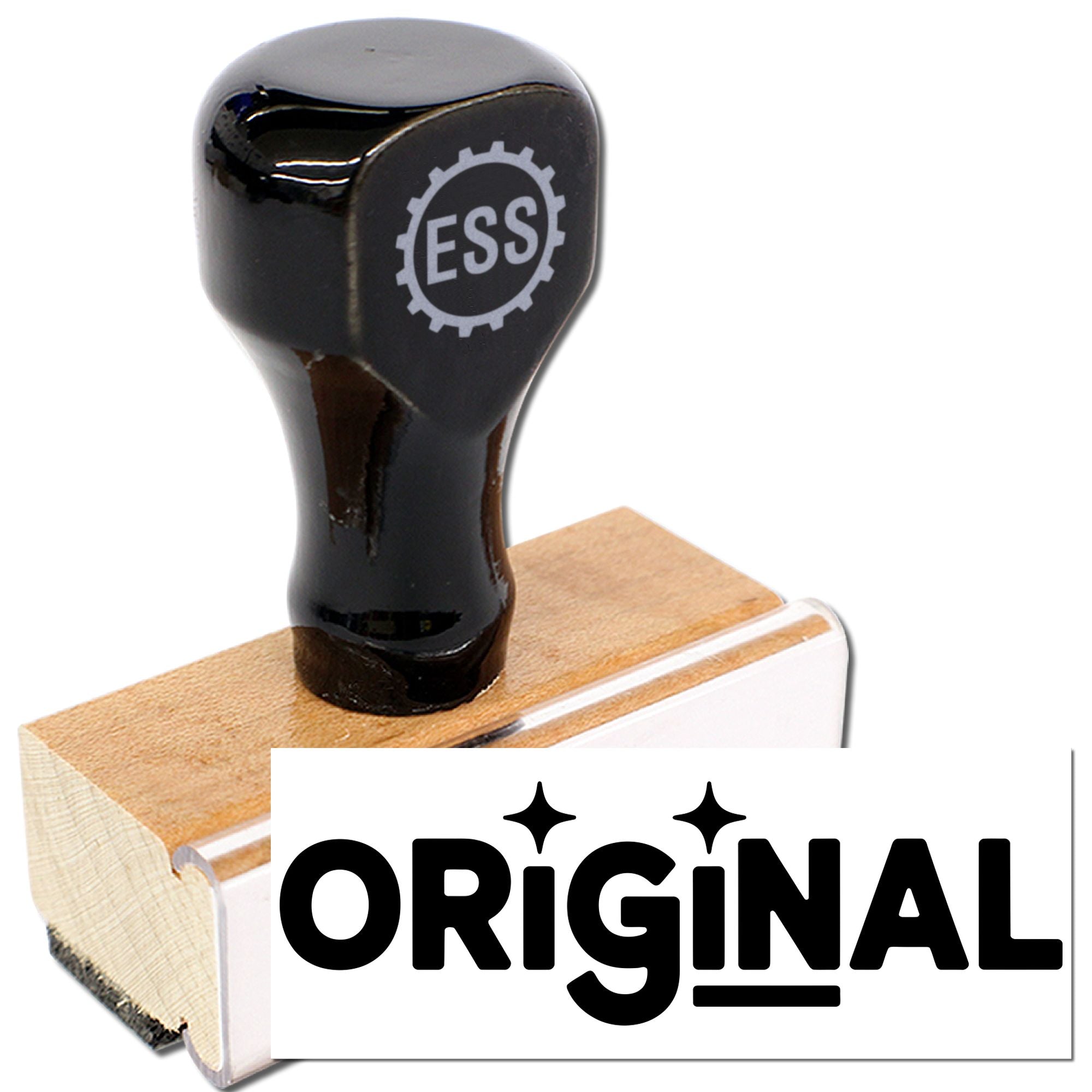 Black rubber stamp and seal on a light wood block, featuring a white ORIGINAL design.