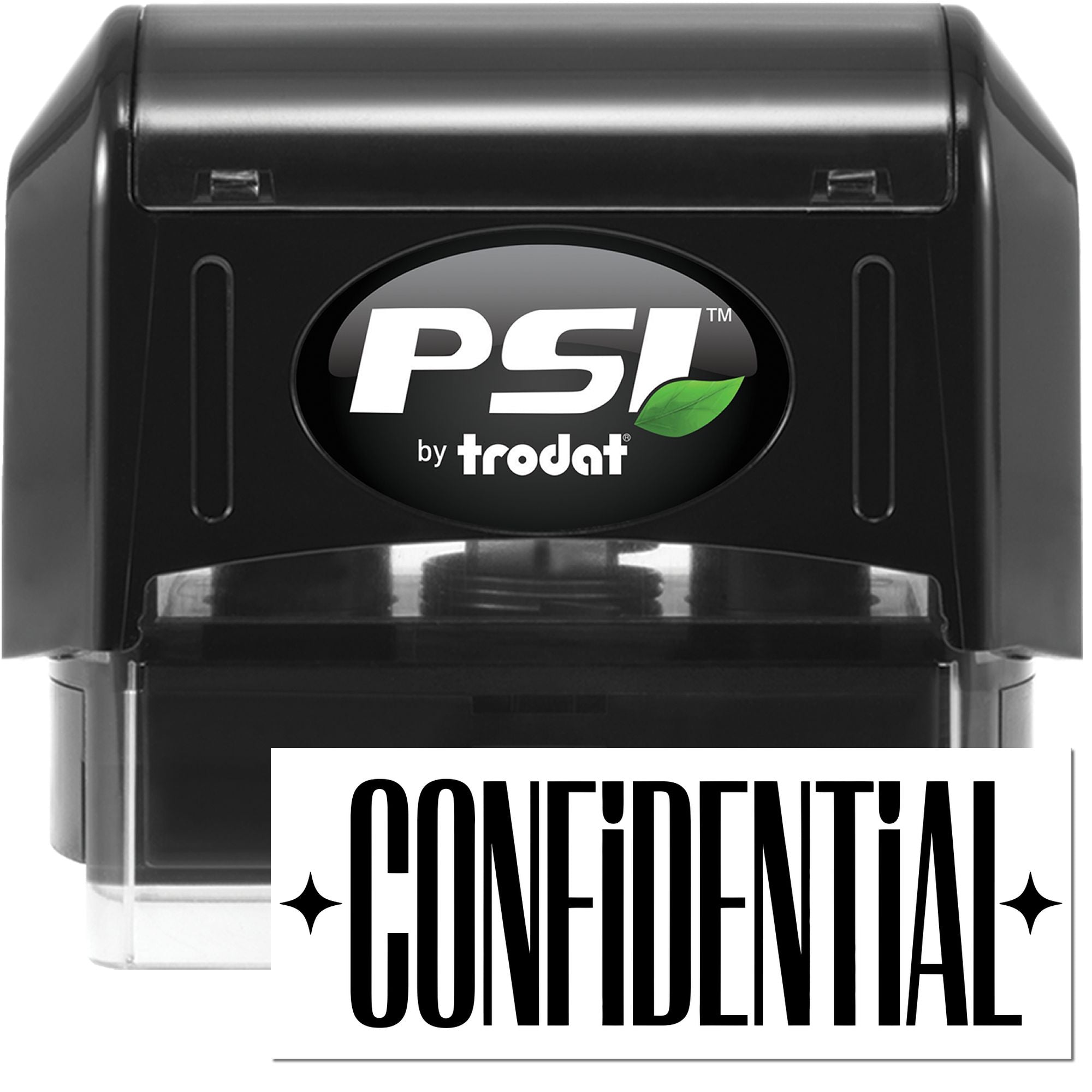 Black PSI by Trodat confidential self-inking stamp and seal with green leaf logo and clear window