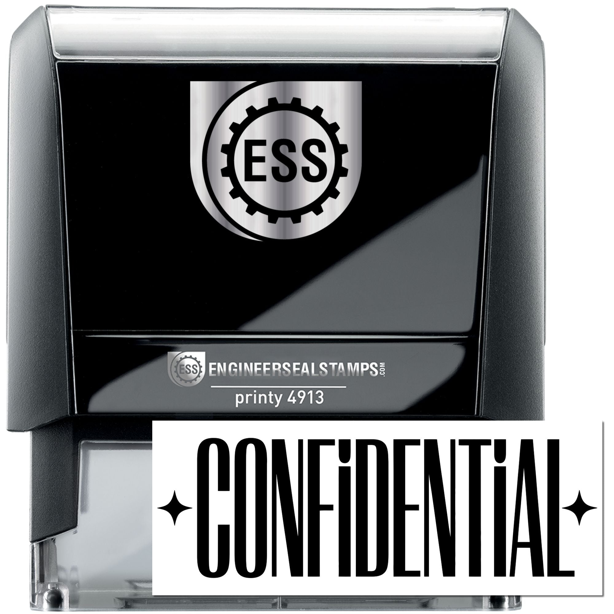 Black self-inking ESS confidential stamp and seal with silver logo and clear CONFIDENTIAL imprint
