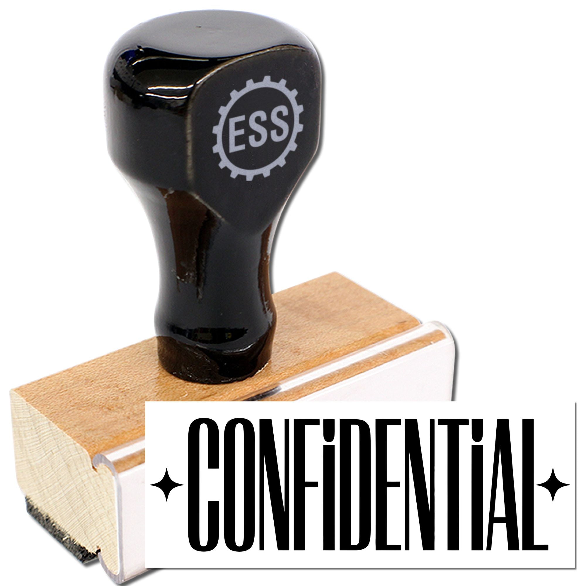 Black ESS stamp and seal on tan wooden base with bold CONFIDENTIAL imprint
