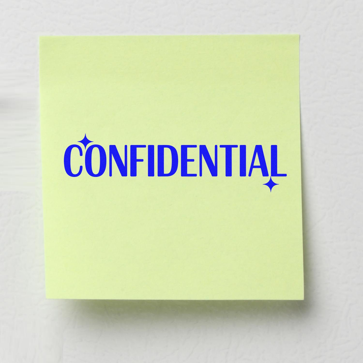 Pale yellow sticky note-style confidential stamp/seal with bold blue CONFIDENTIAL text and sparkle accents.