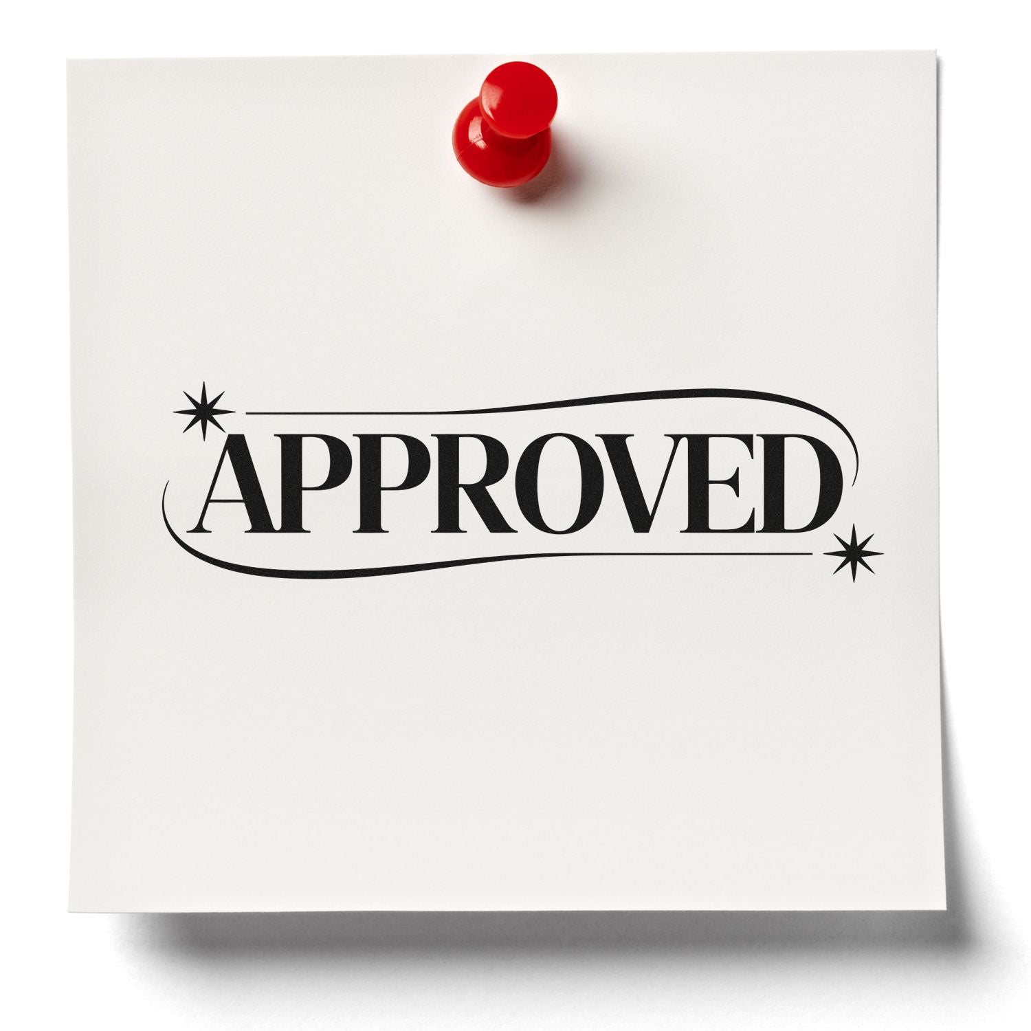 Black APPROVED stamp on white paper with red seal-style pushpin and decorative stars.