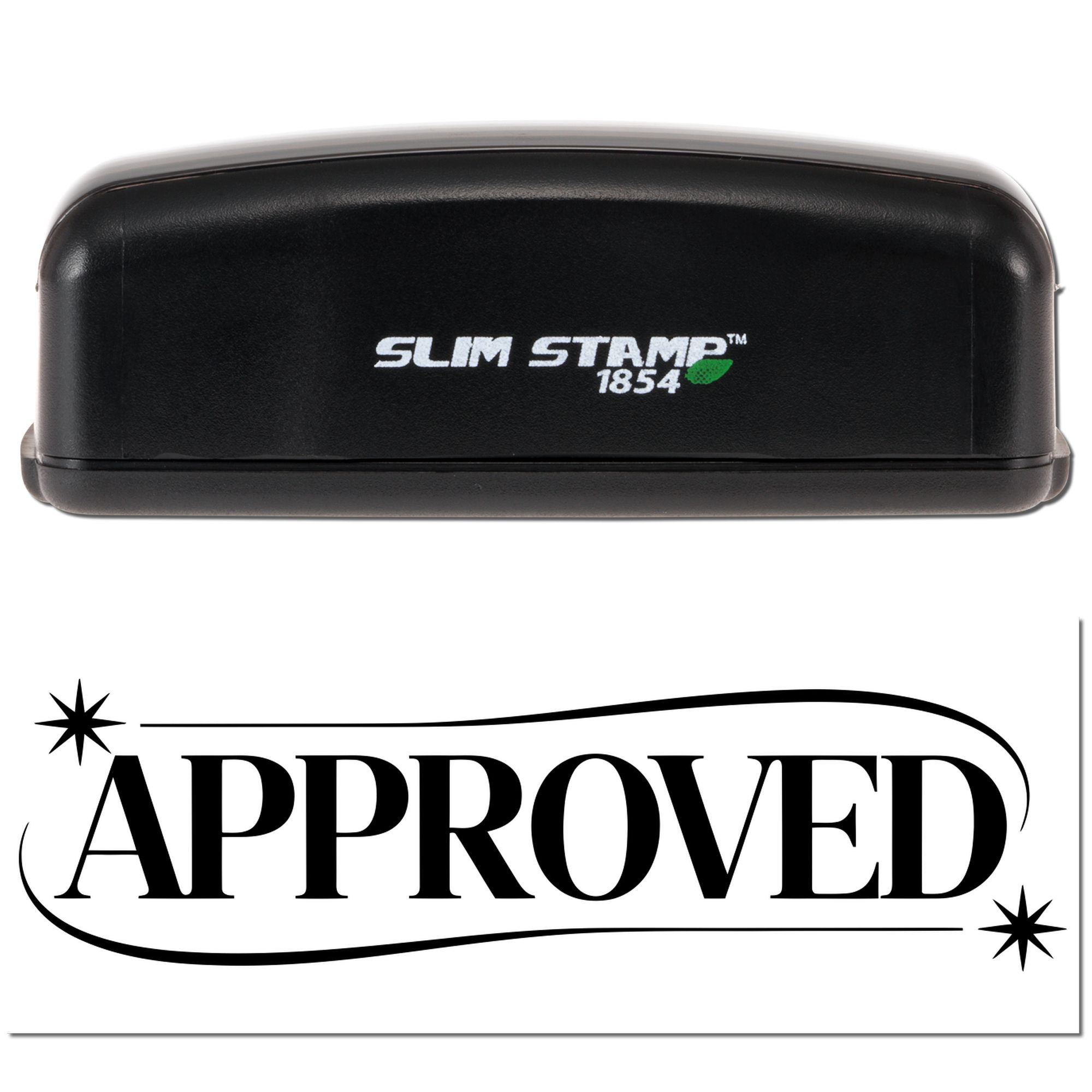 Black Slim Stamp 1854 self-inking stamp with white APPROVED seal on a white background