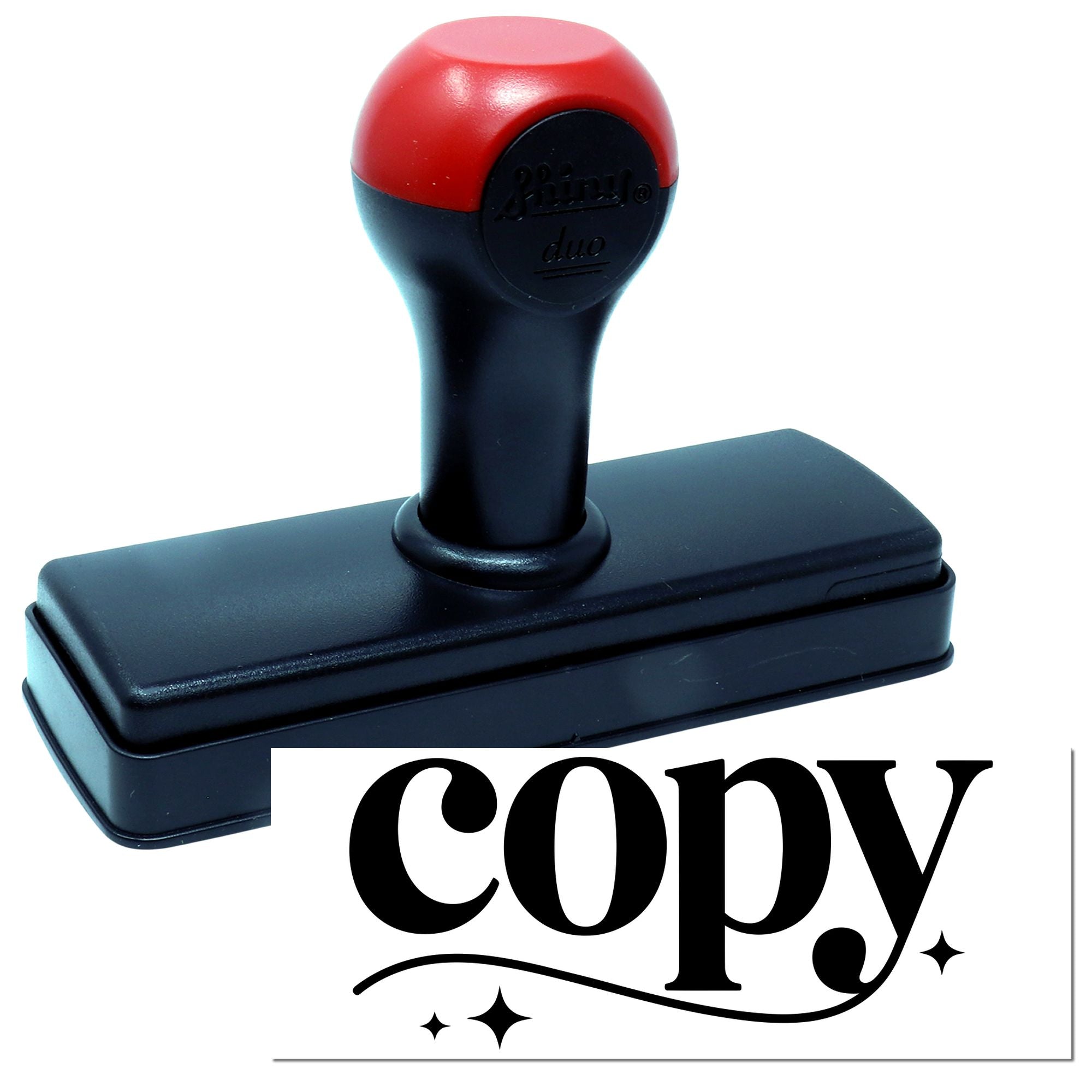 Red and black self-inking stamp seal with rectangular base and bold copy impression