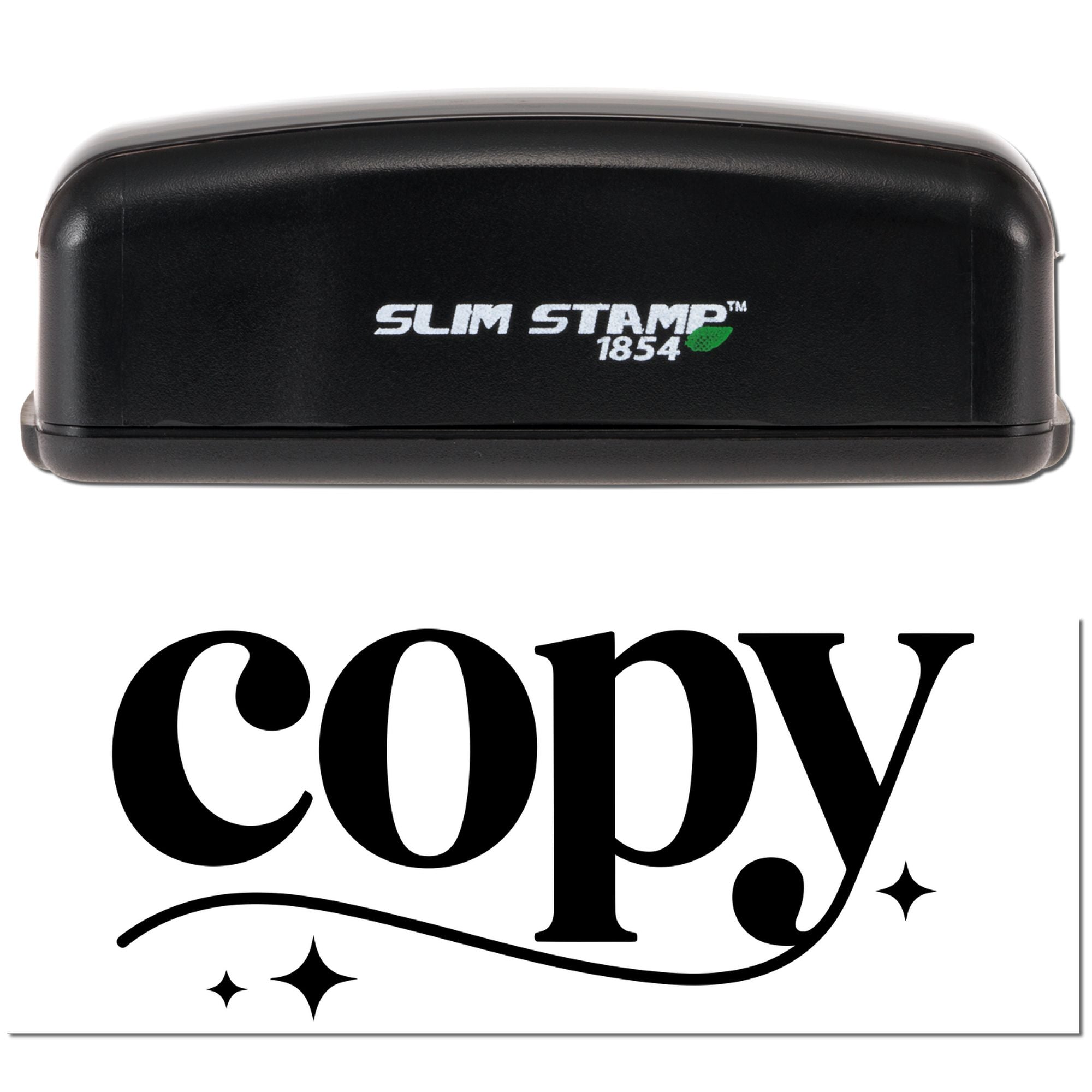 Black Slim Stamp 1854 embosser, black with white logo, shown above a bold black copy seal design on white background.