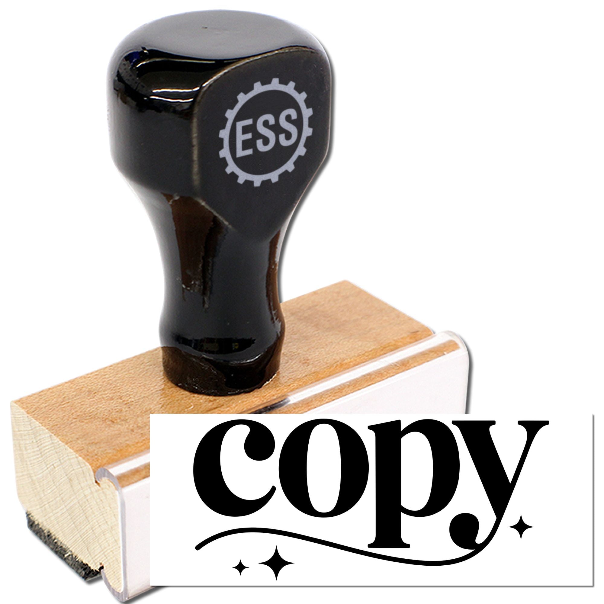 Black ESS rubber stamp and seal with wooden base, shown over a white card reading copy.