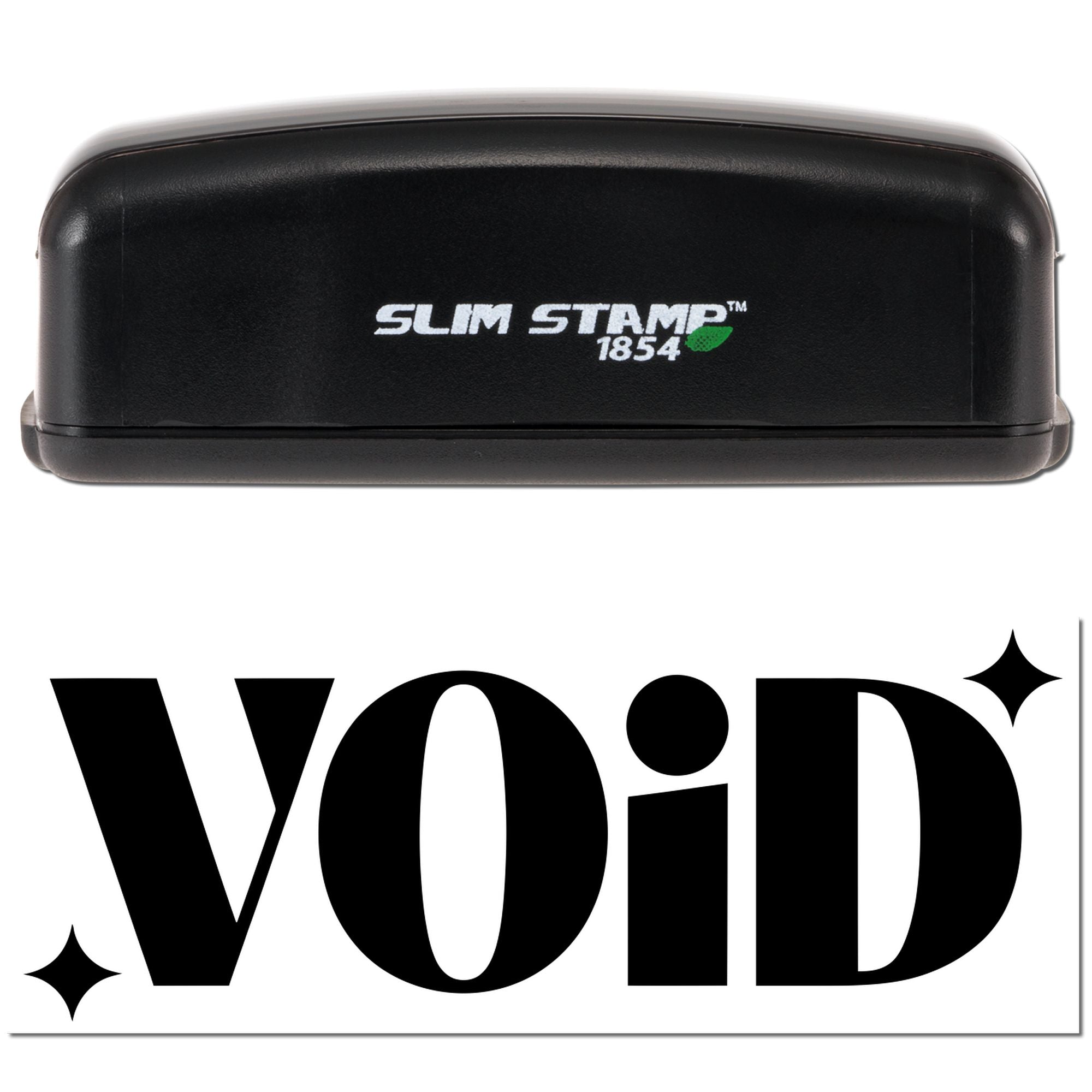 Black Slim Stamp 1854 stamp and seal with bold white VOID imprint and green logo on a white background.