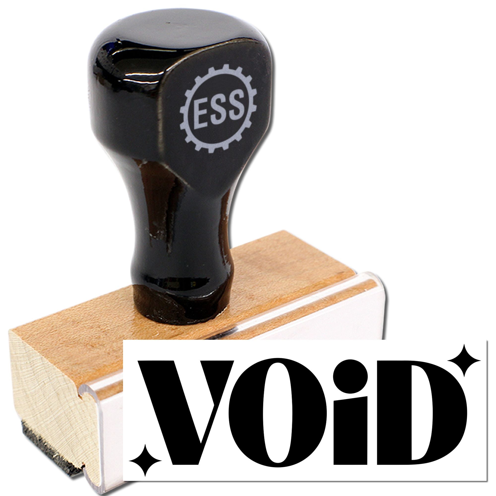 Black ESS rubber stamp and VOID security seal on wooden block, with bold black text on white card