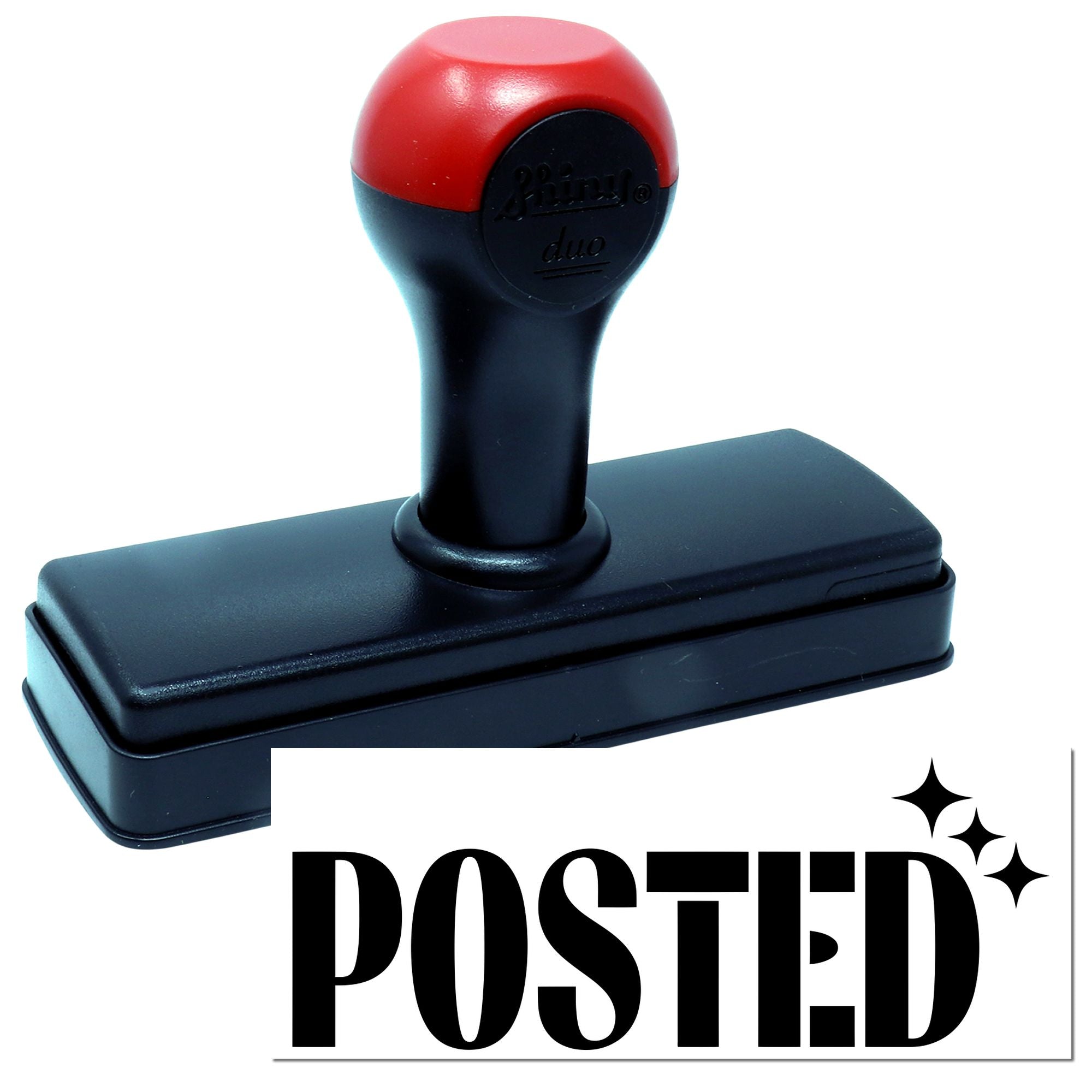 Red and black self-inking POSTED stamp with round handle, rectangular base, and seal mark on white background.