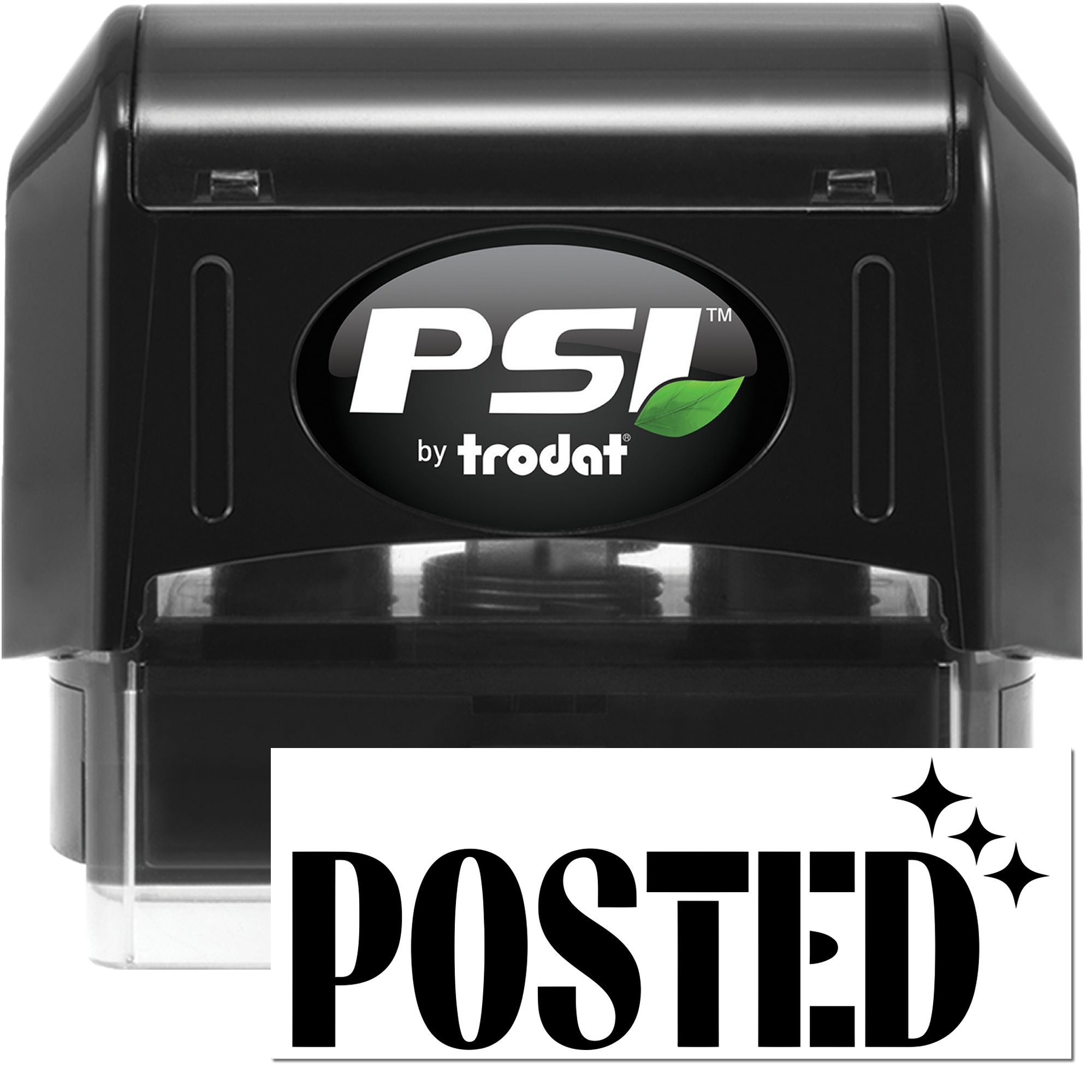 Black PSI by Trodat self-inking stamp with green leaf logo and bold POSTED seal on white