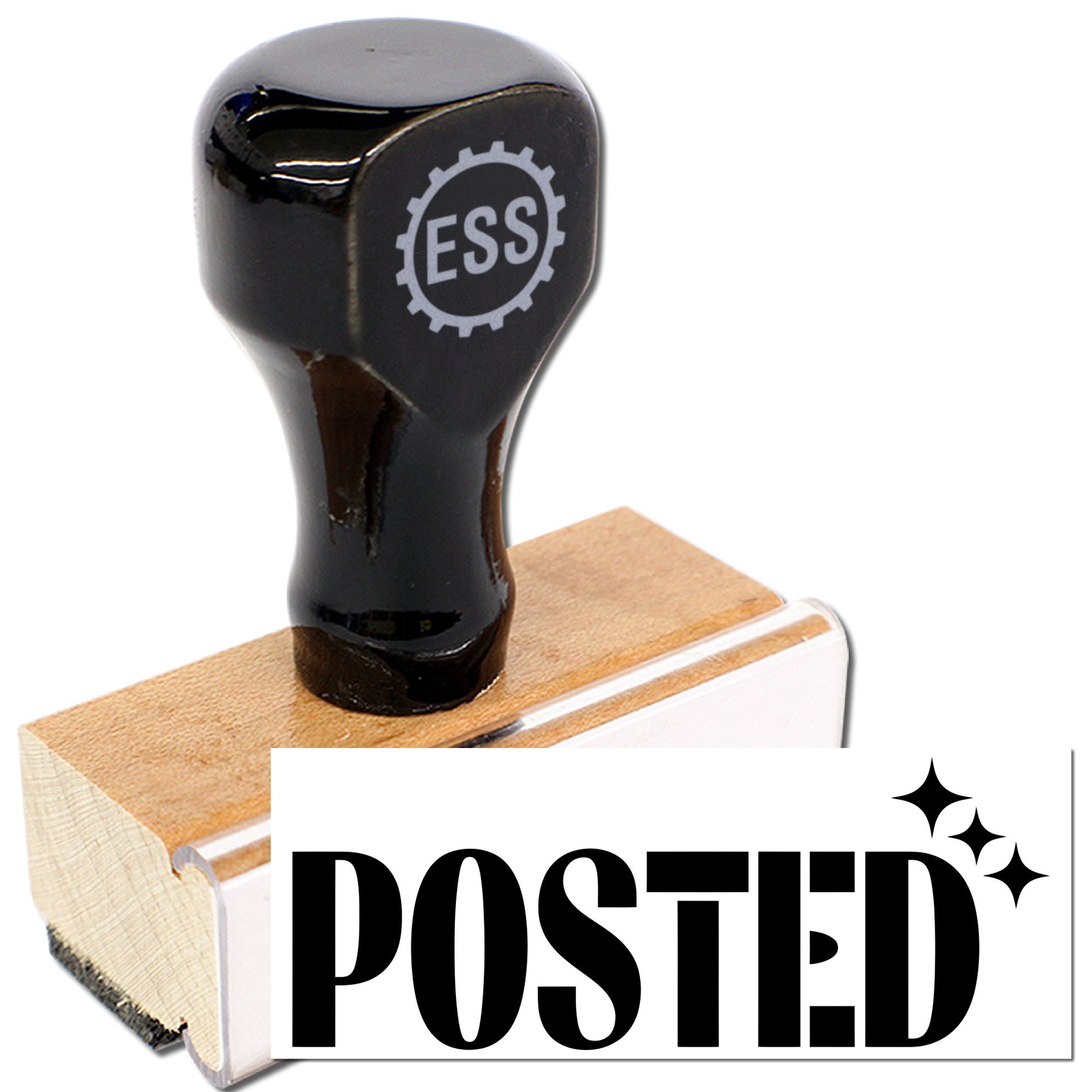 Black self-inking stamp and seal on wooden block, with ESS logo and bold POSTED imprint.