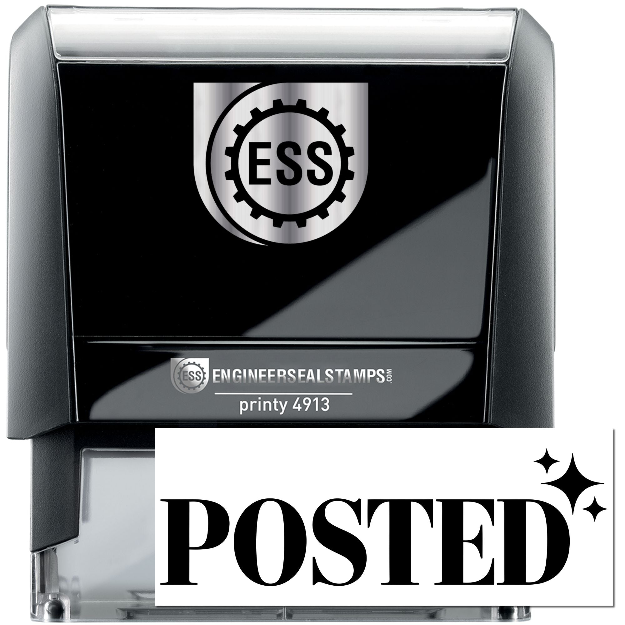 Black and silver ESS self-inking stamp with gear logo and white POSTED seal overlay.