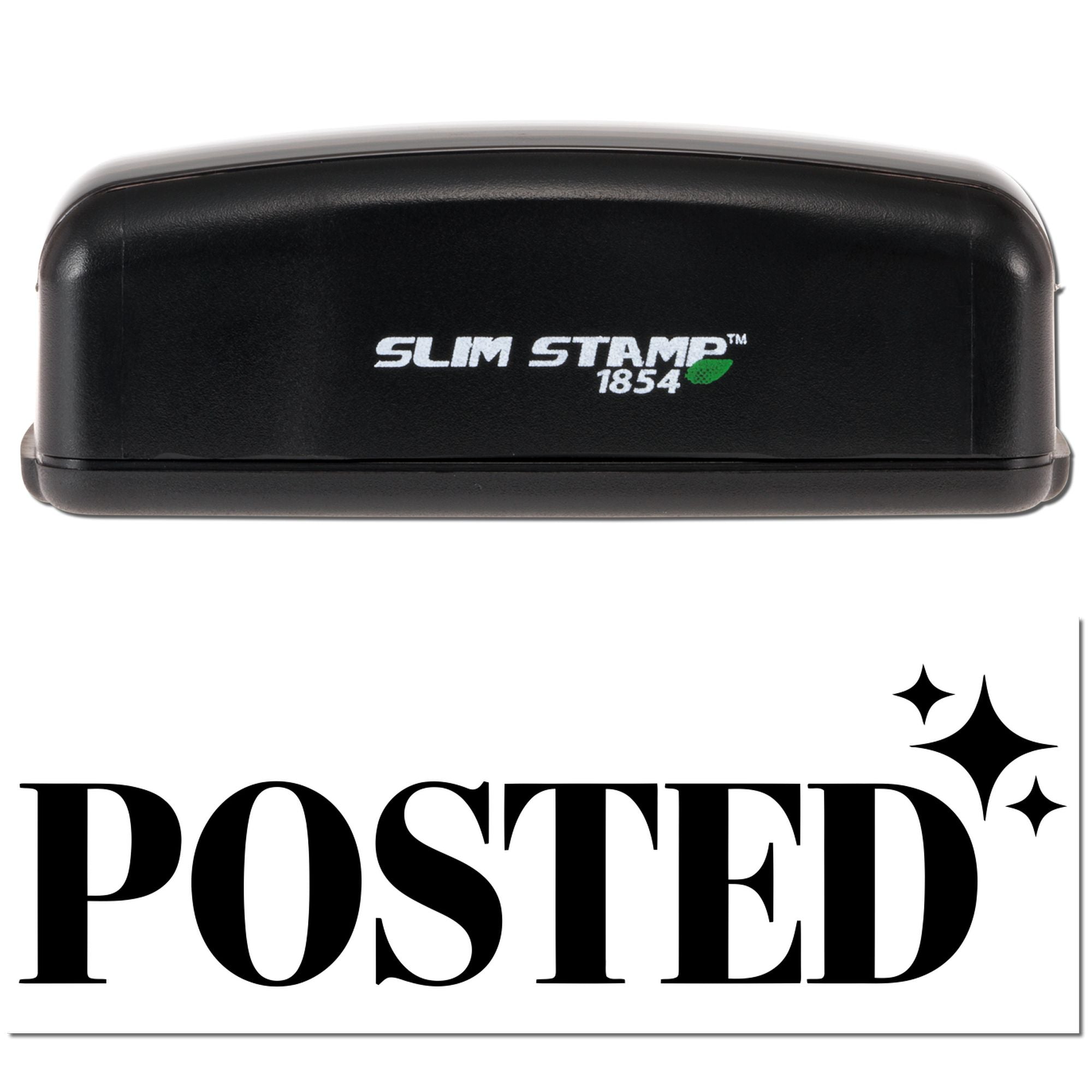 Black Slim Stamp 1854 self-inking stamp and bold POSTED seal graphic on white background.