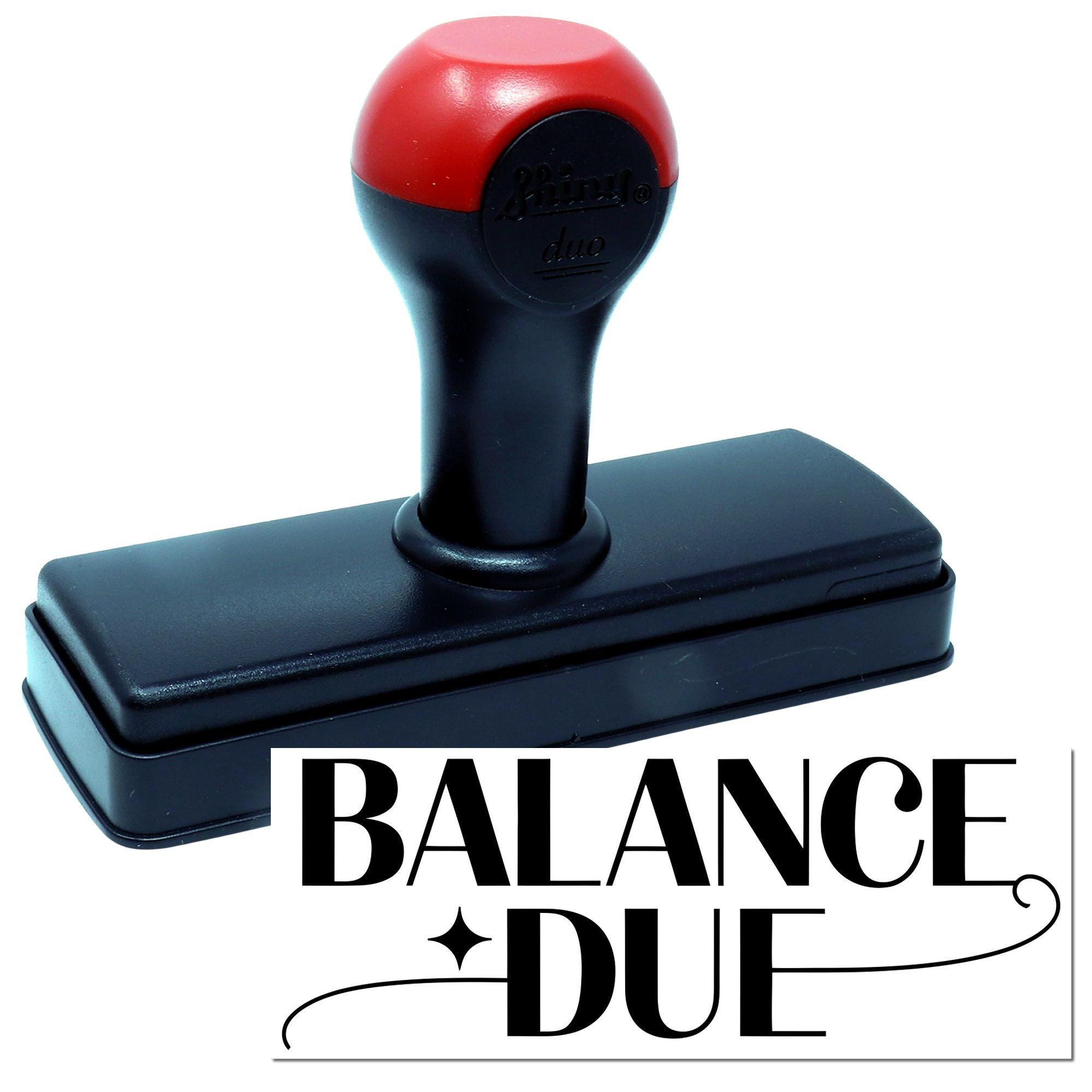 Black and red self-inking balance due stamp with matching seal impression