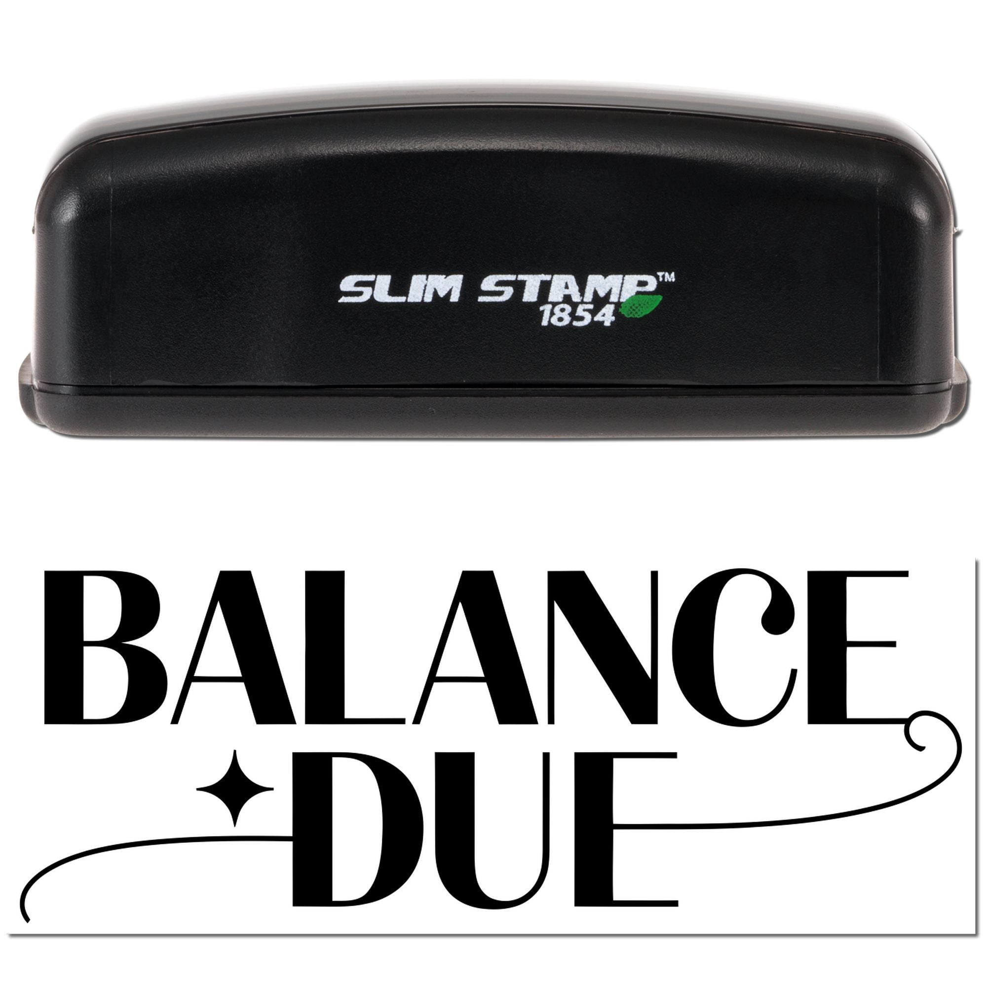 Black Slim Stamp 1854 stamp and bold BALANCE DUE seal impression on white background
