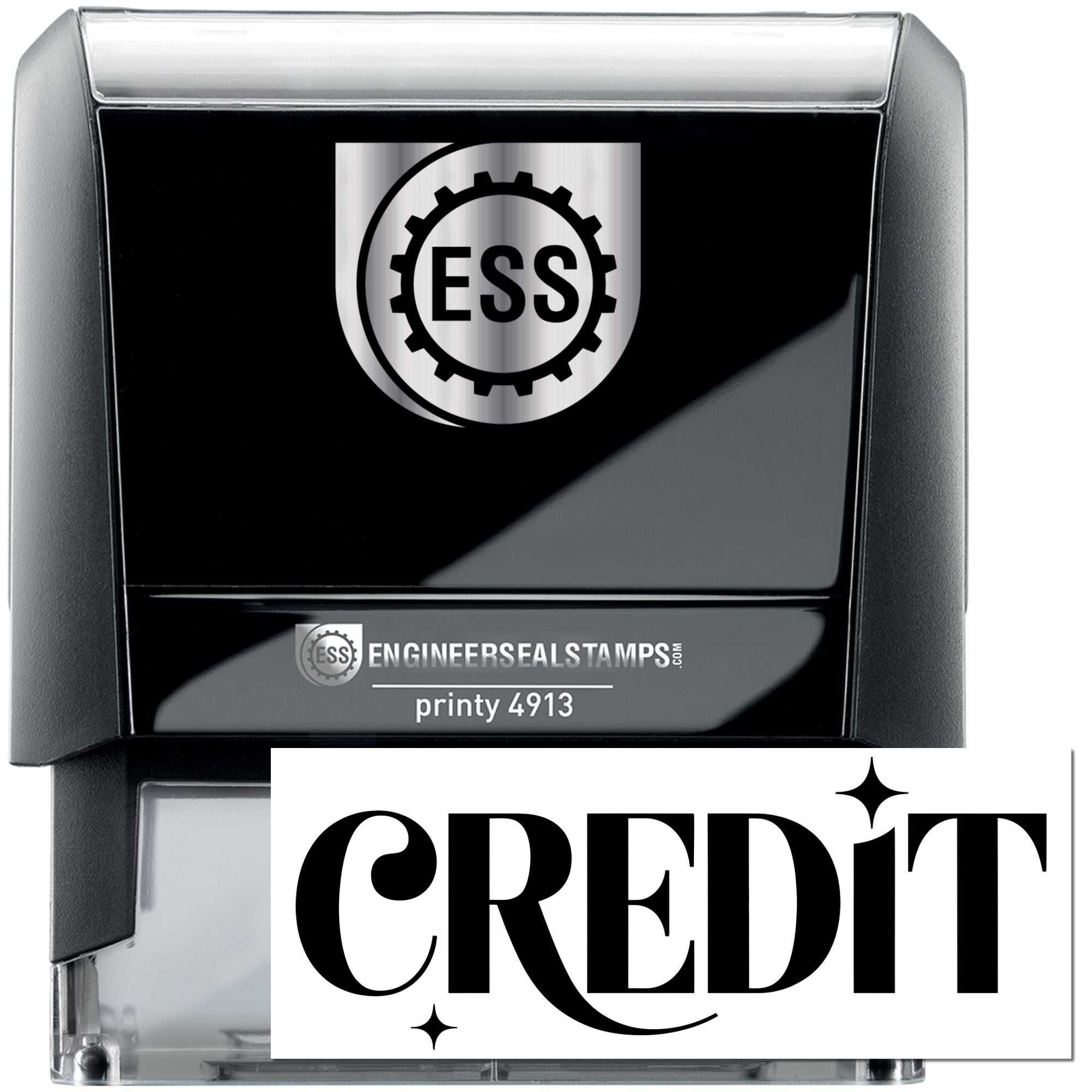 Black self-inking engineer seal stamp, silver ESS logo, and white CREDIT imprint on a Printy 4913 case