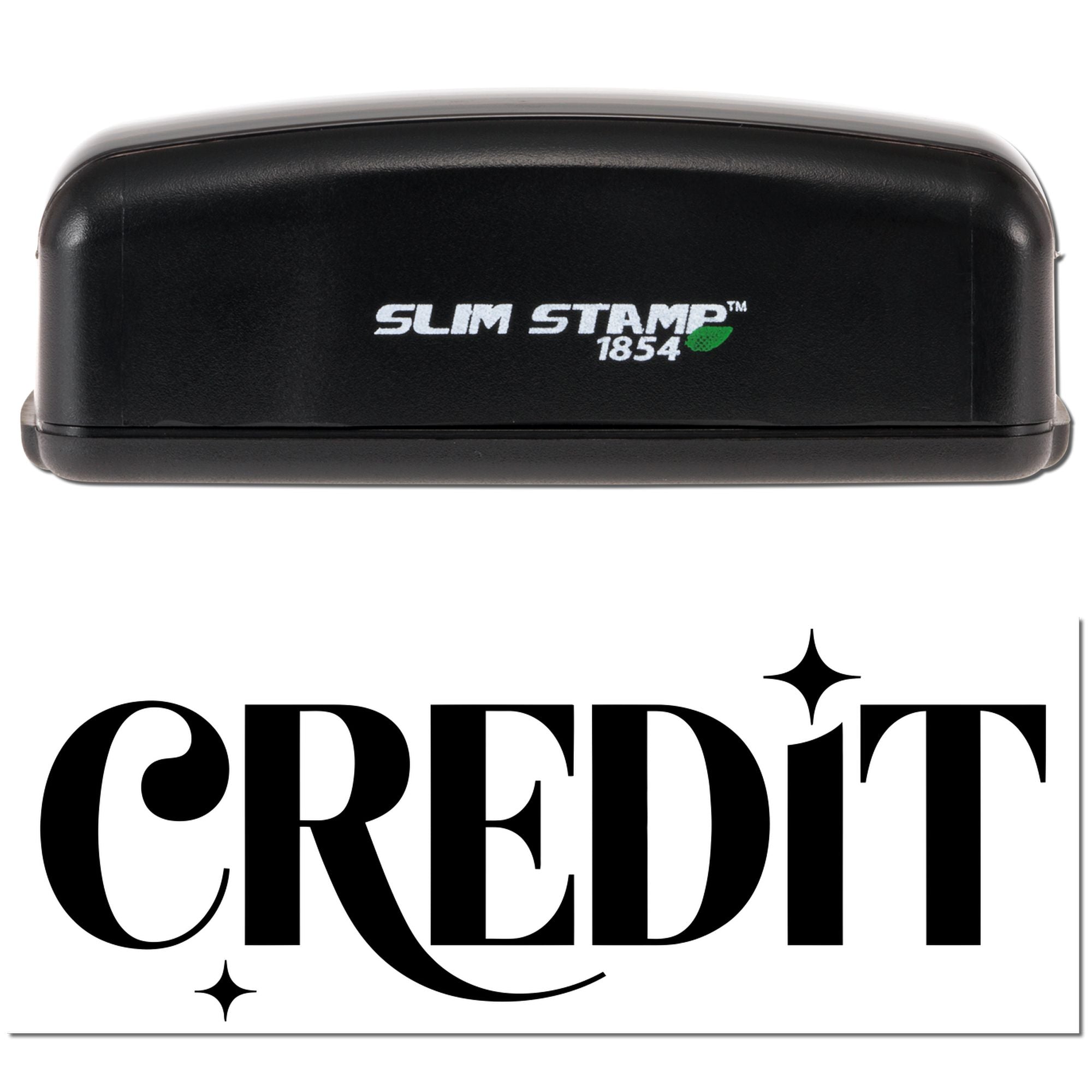 Black Slim Stamp 1854 stamp case above bold black CREDIT seal logo with sparkle accents on a white background.