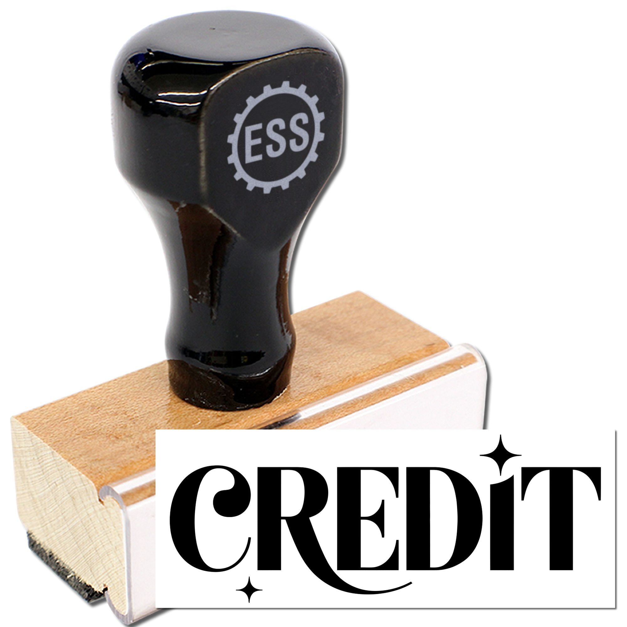 Black rubber stamp on wooden base with white CREDITIT seal and ESS gear logo