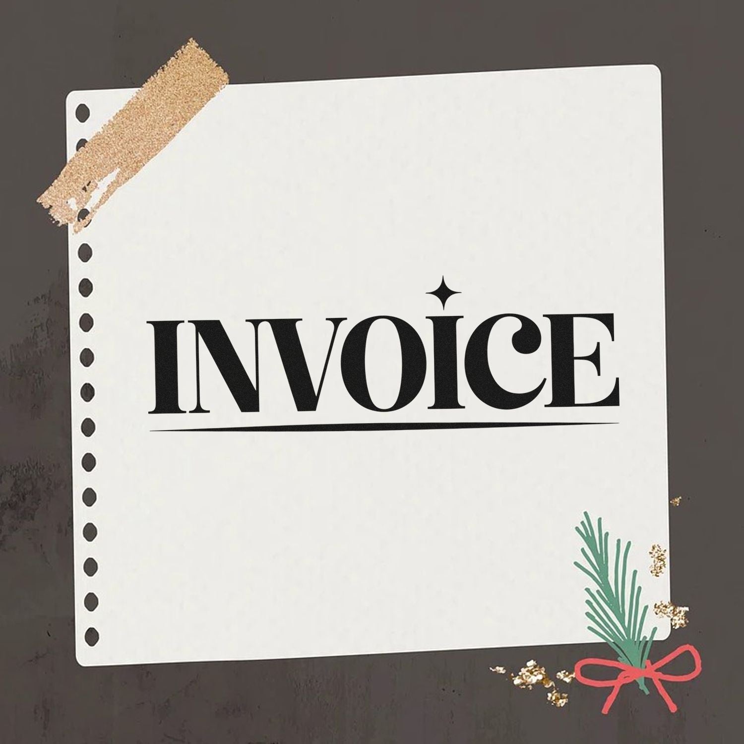 White invoice stamp and seal card with black serif text, beige tape, and green sprig with red bow on a dark background.