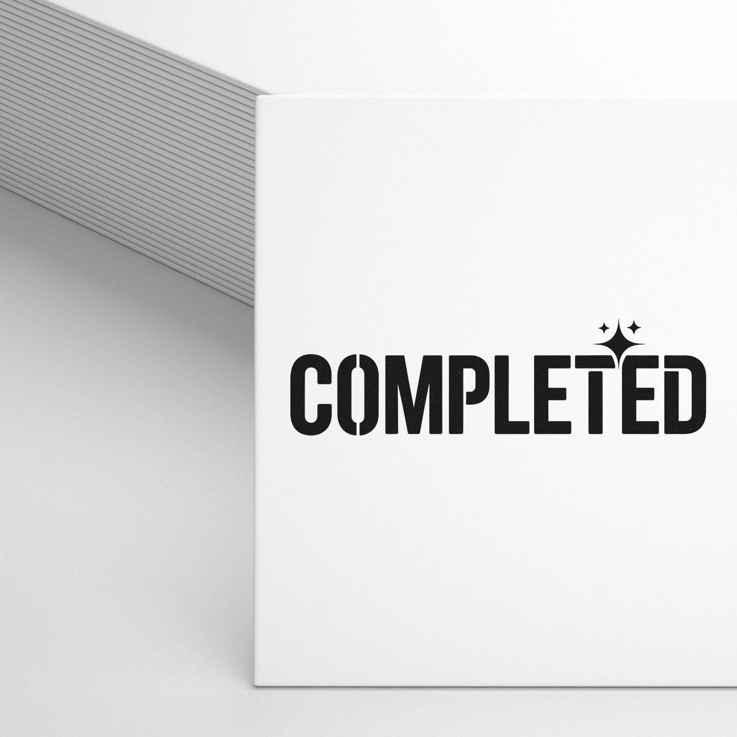 White stamp and seal product with bold black COMPLETED text and sparkle icon beside a gray lined folder.