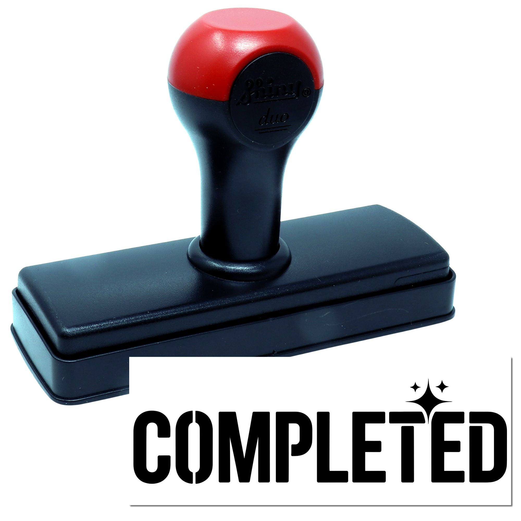 Red and black self-inking stamp with rectangular base and bold COMPLETED seal text.