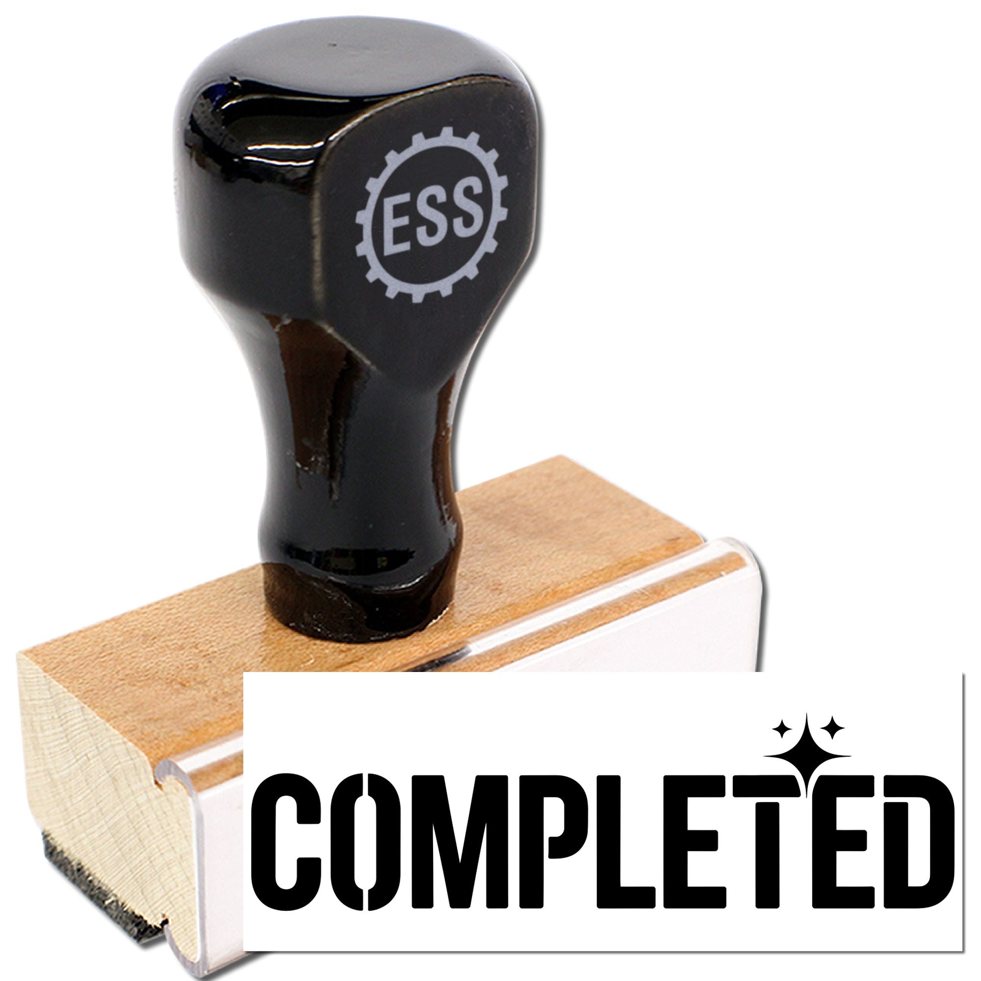 Black ESS rubber stamp with tan wooden block and completed seal