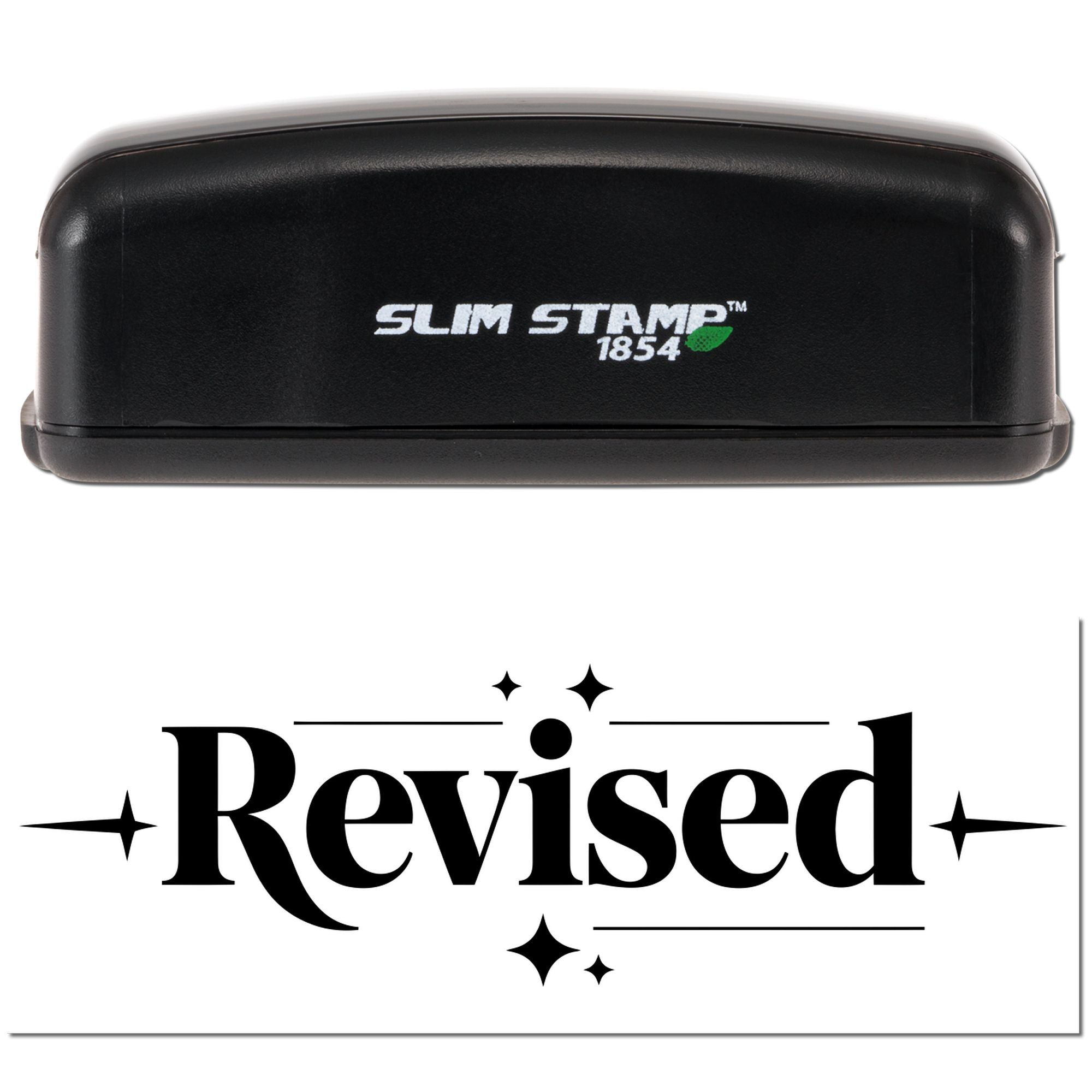 Black Slim Stamp 1854 stamp case with green leaf logo above a black Revised seal graphic on white.