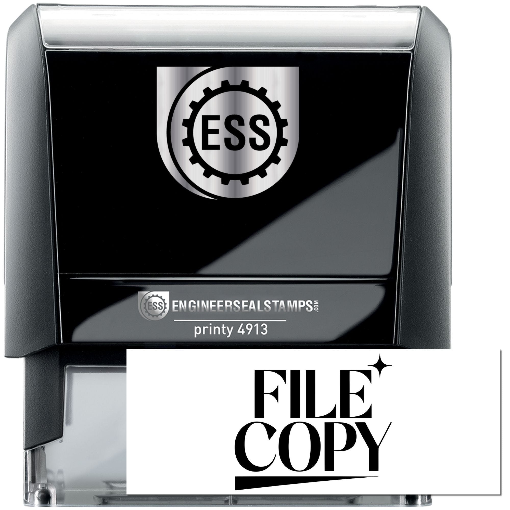Black and silver ESS Engineer Seal printy 4913 self-inking stamp with File Copy label and clear case