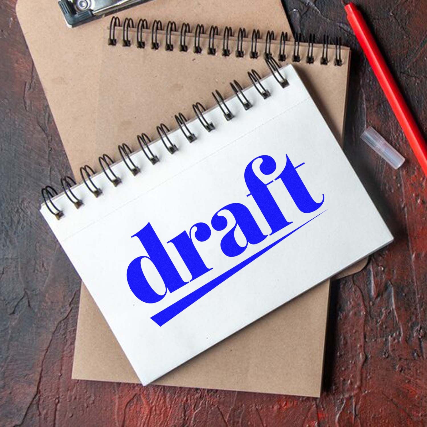 Blue draft stamp seal on a white spiral notebook, with brown notebook, red pen, and clear cap on a wood desk.