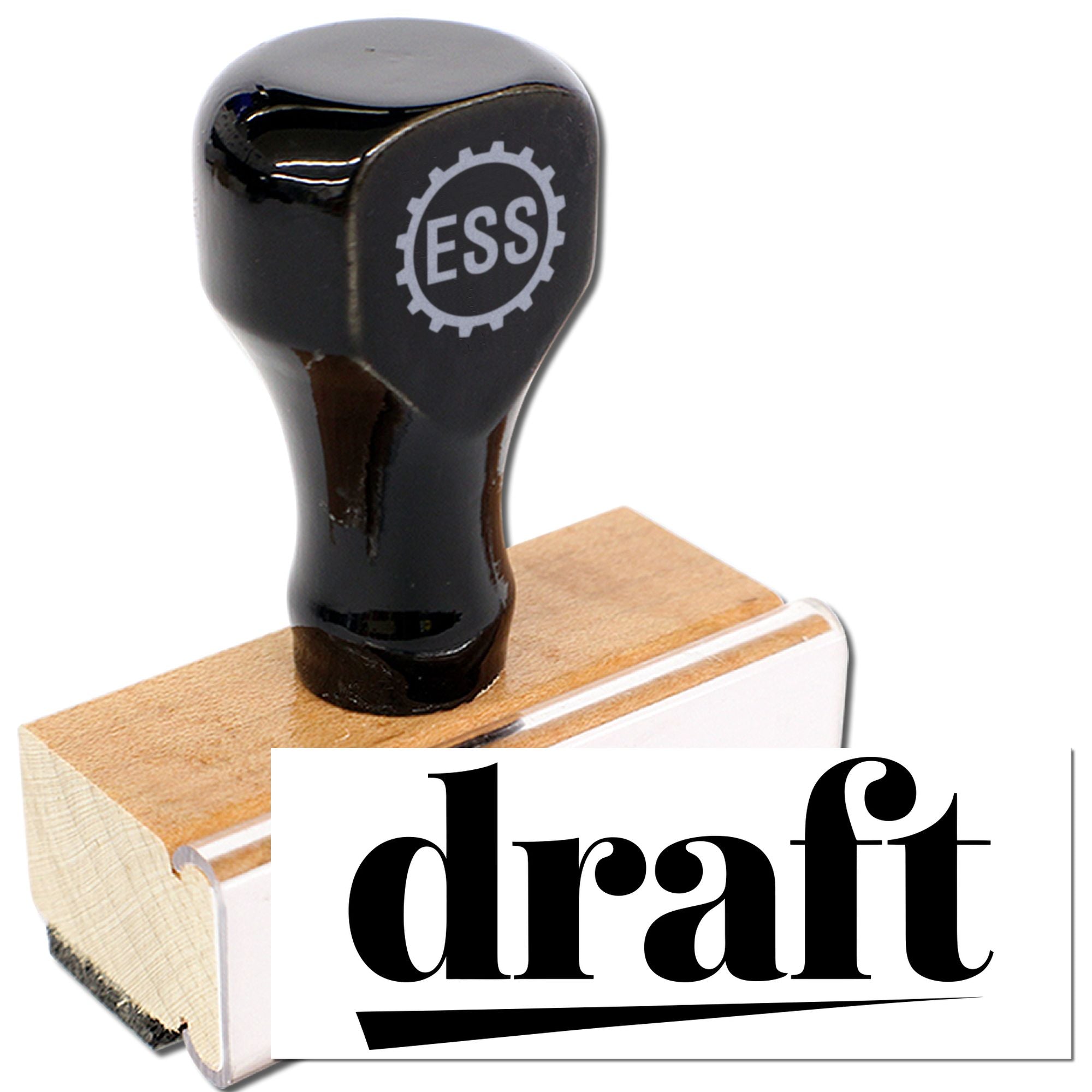 Black ESS rubber stamp on tan wooden block, with bold black draft seal imprint on white card.