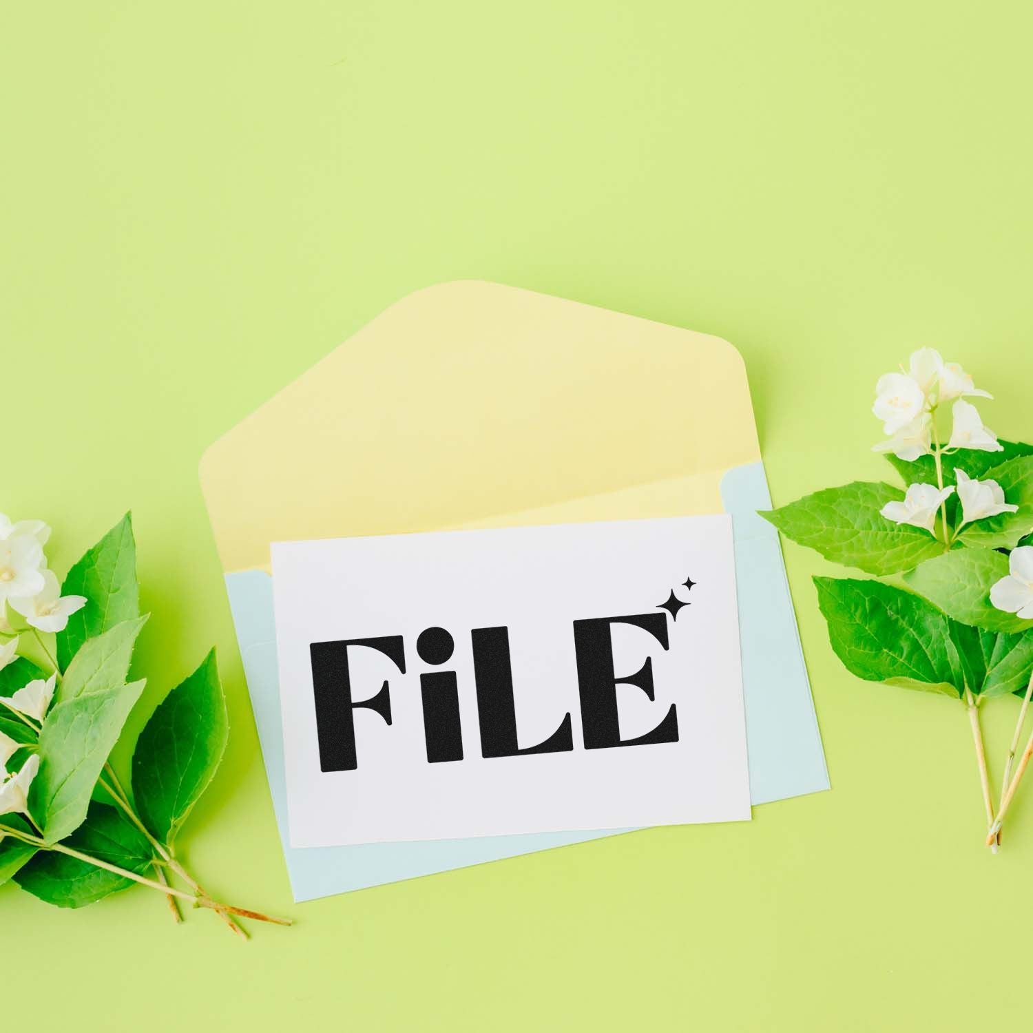 FILE stamp and seal card on pastel yellow and blue envelopes, framed by green leaves and white flowers.
