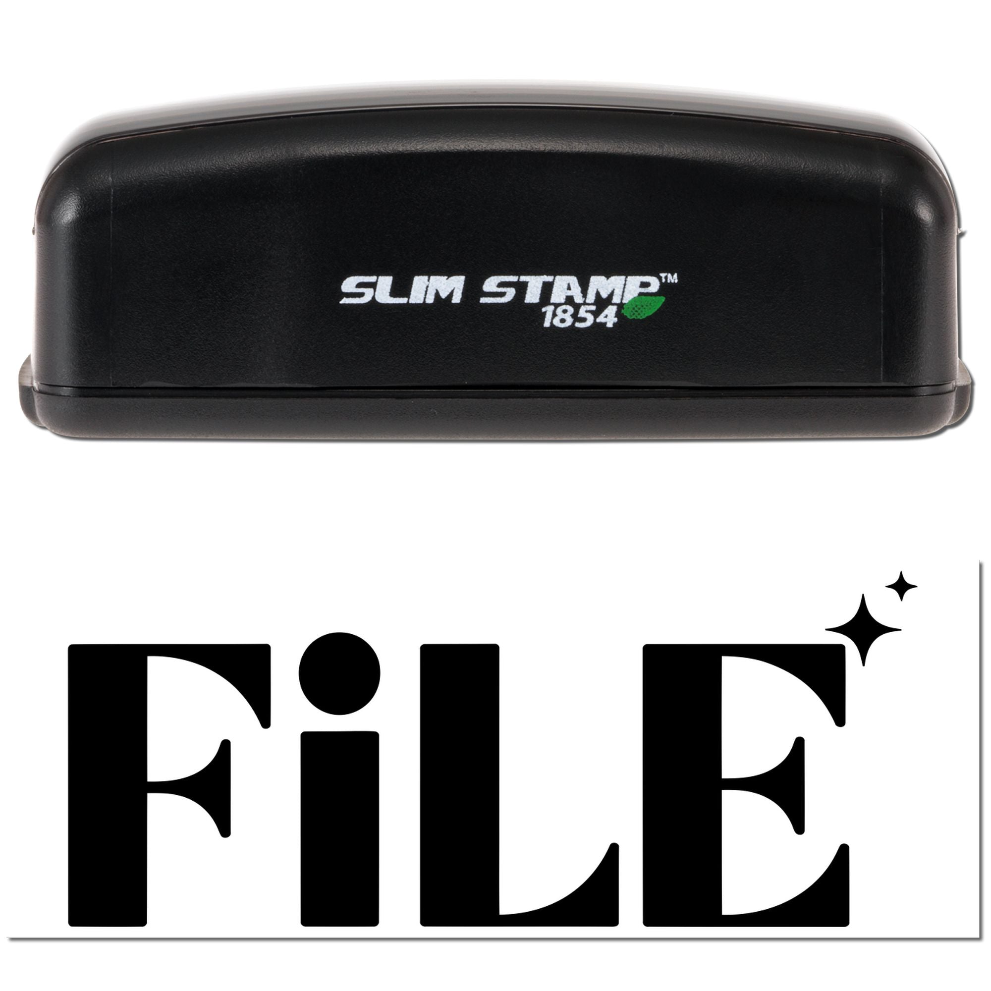 Black Slim Stamp 1854 embosser with bold FILE seal graphic, white lettering and green accent on a white background.