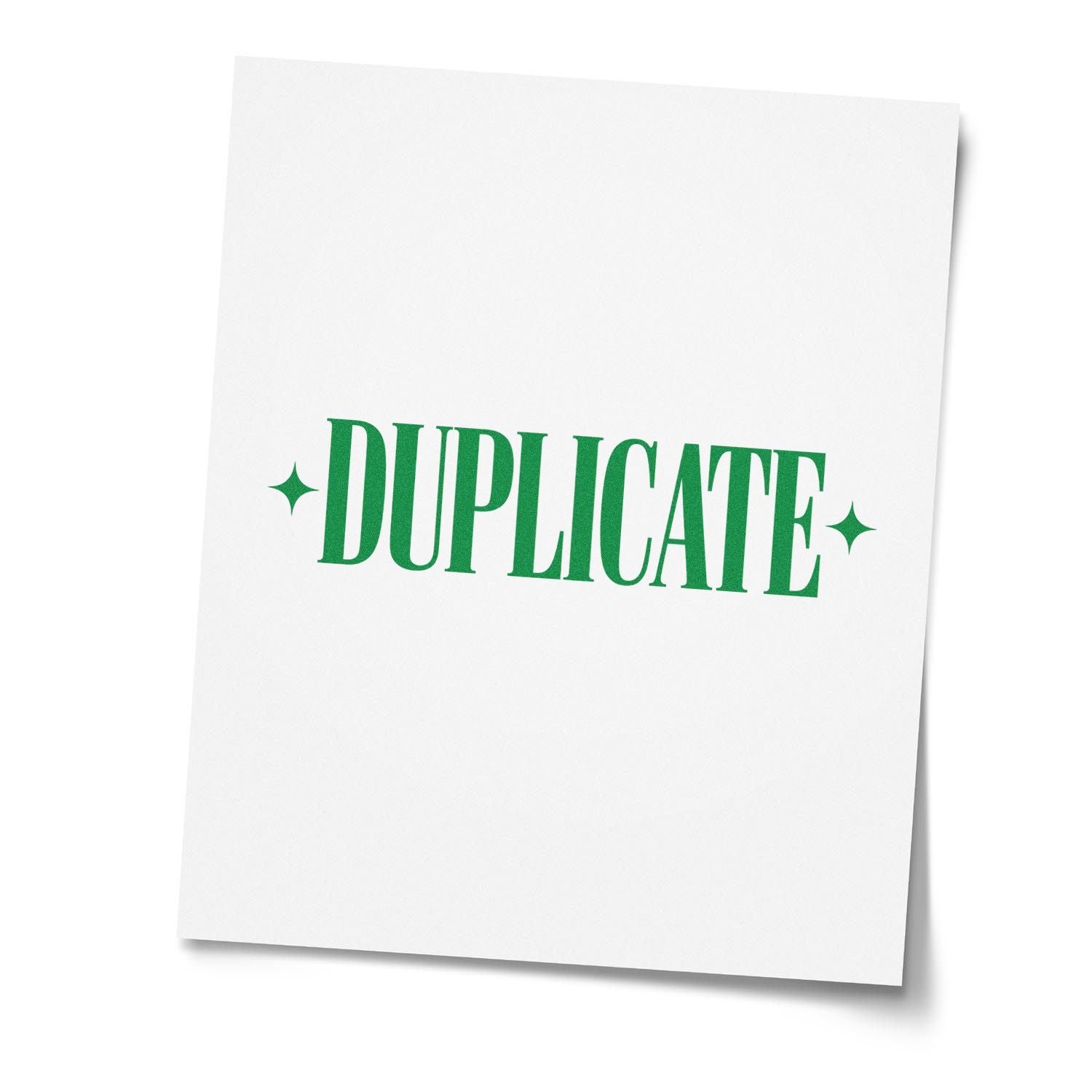 White stamp and seal card with green DUPLICATE text and sparkle icons