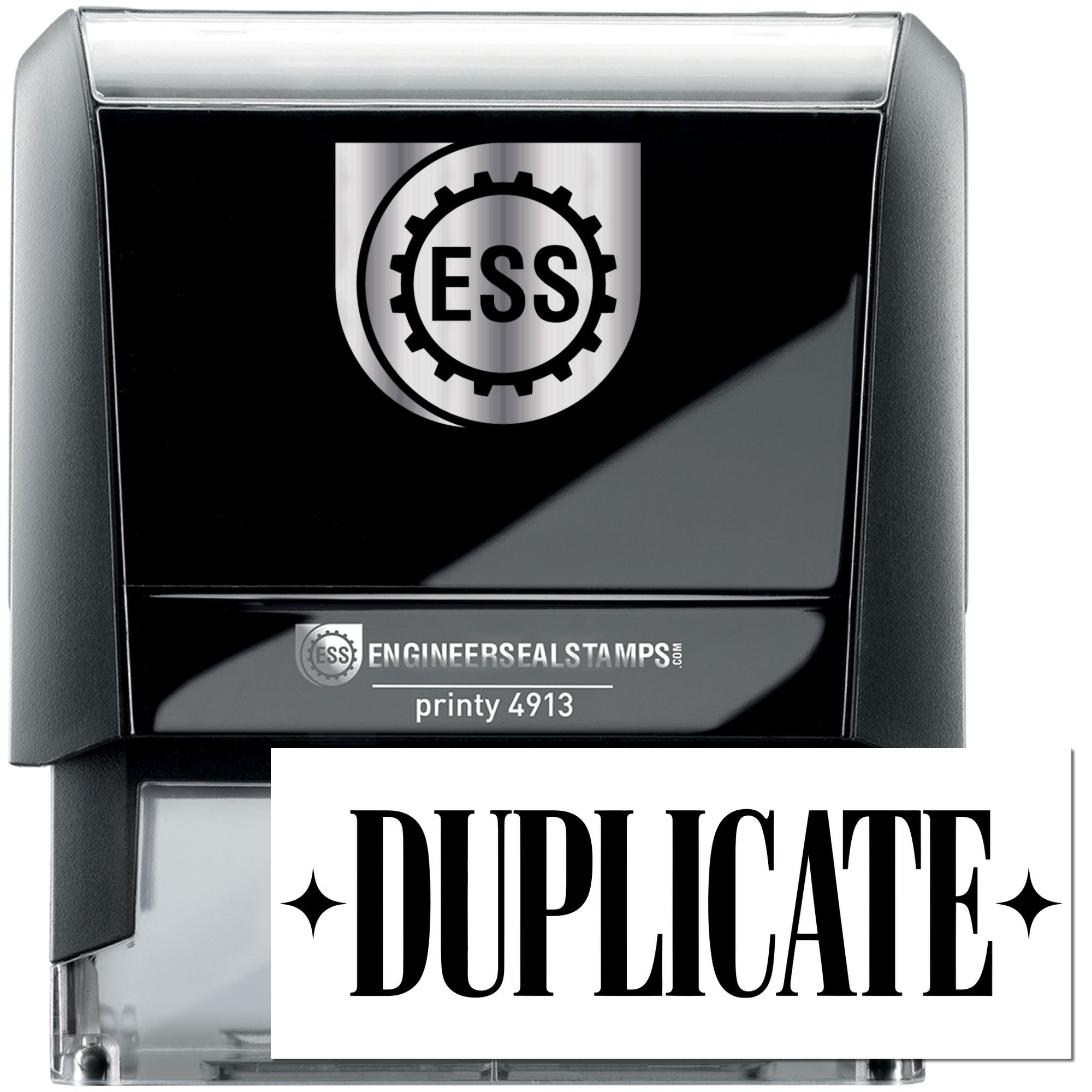 Black and silver self-inking engineer seal stamp with ESS logo and bold DUPLICATE text