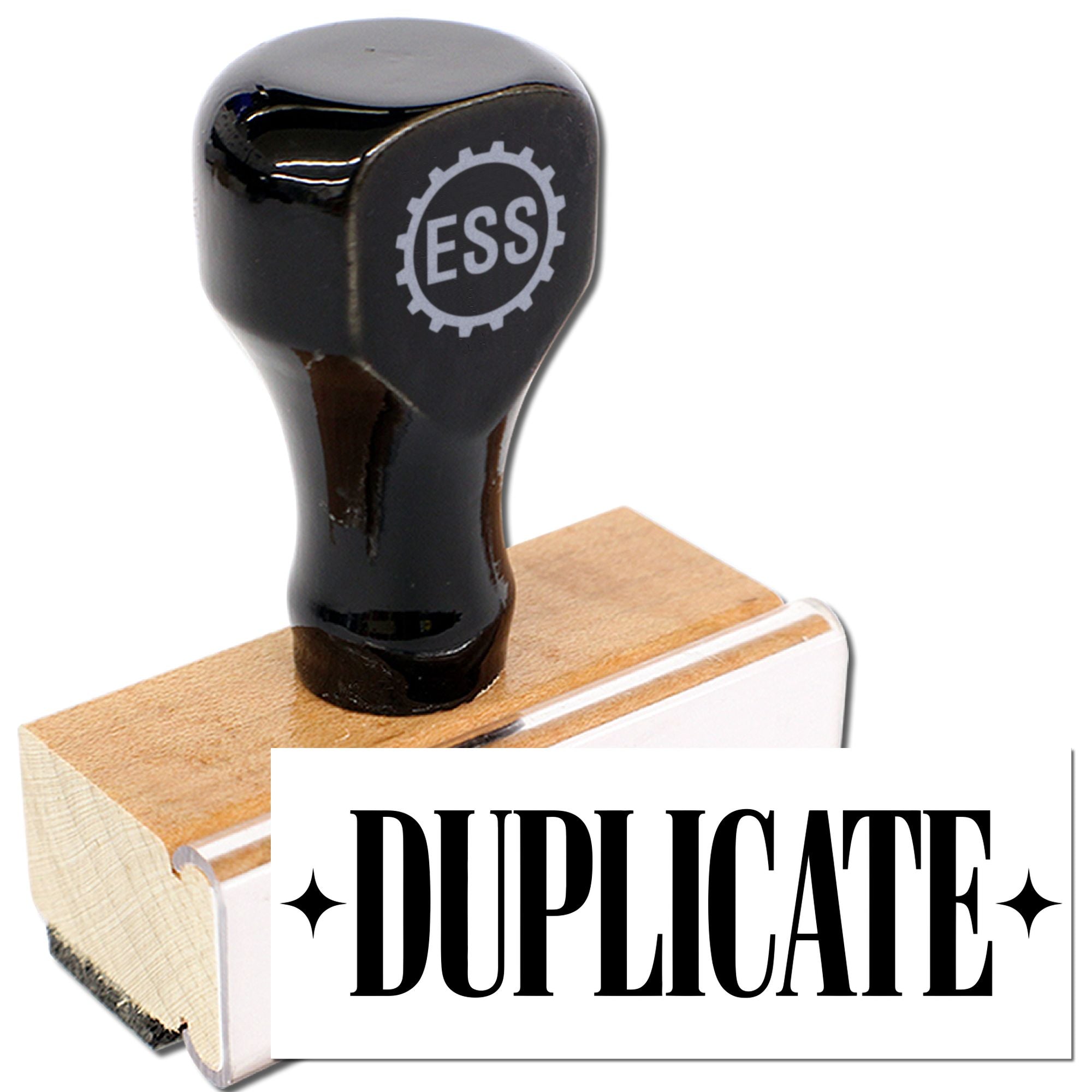 Black ESS rubber stamp on wooden base with bold DUPLICATE seal mark on white background.